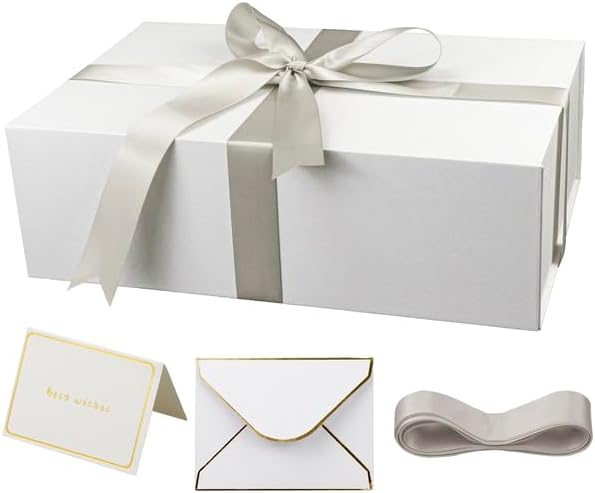 Large Gift Box with Lid, 14"x9"x4.5" Magnetic Gift Box with Ribbon, Cards and Envelopes for Presents, Great for Wedding, Birthdays, Crafting, Gift Packging (Black)