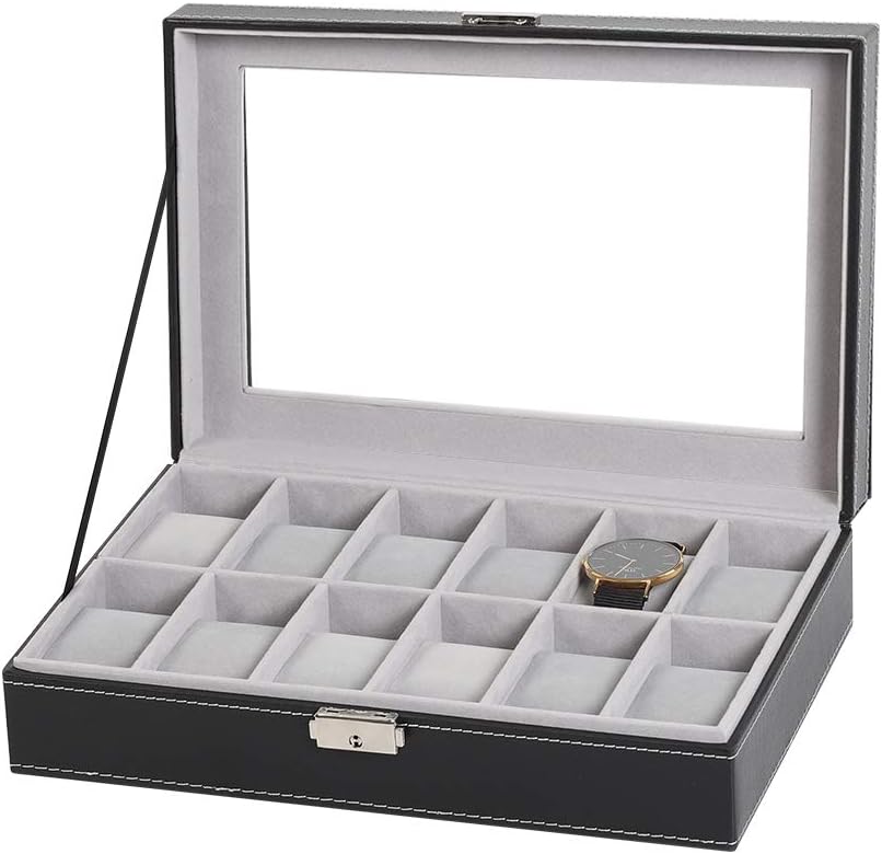 Watch Box, 12-Slot Leather Watch Case Organizer Watch Holder for Men, Glass Top