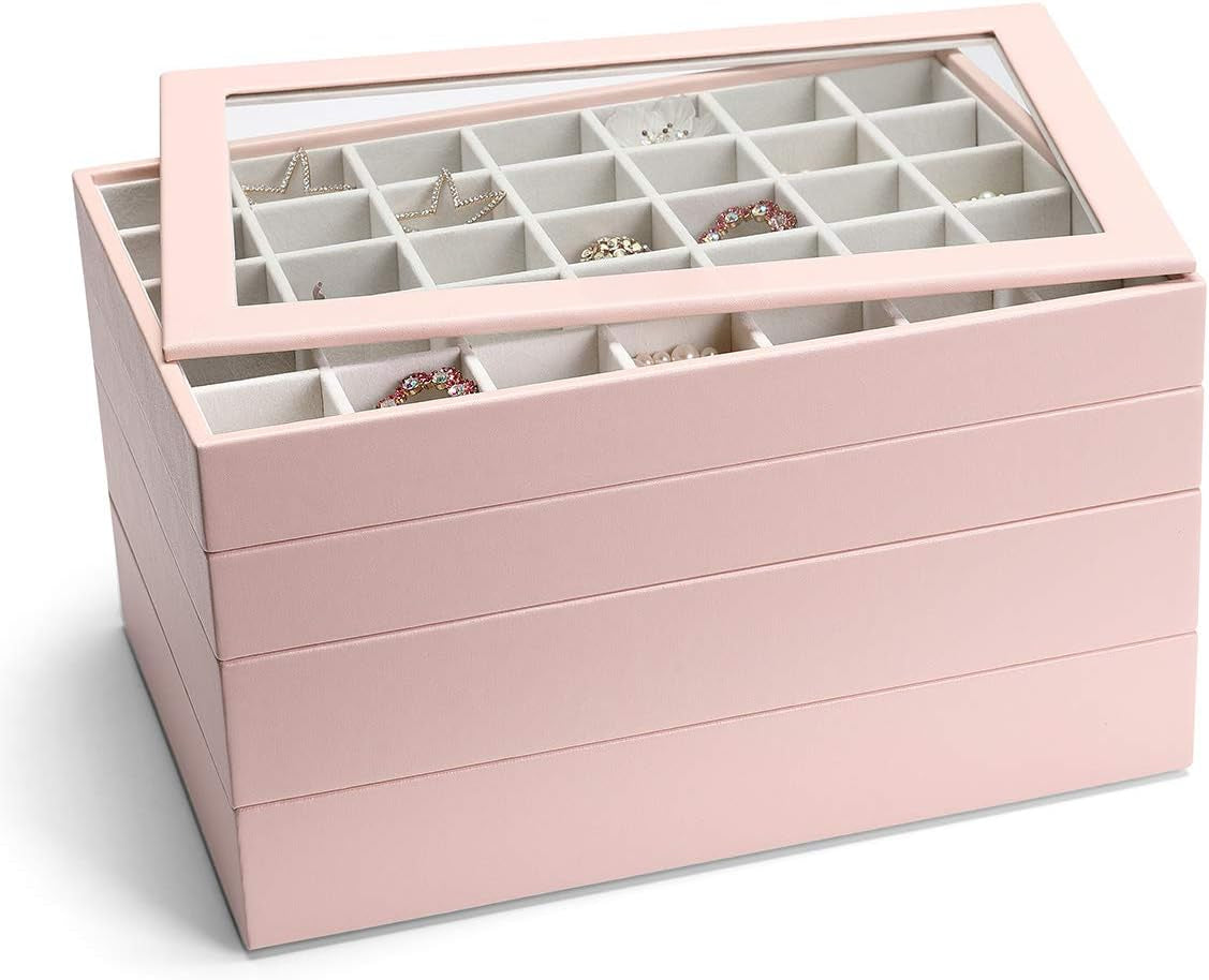 Jewelry Trays Stackable Showcase Display Drawer Organizer Storage Toughened Glass Lid Multi-Purpose