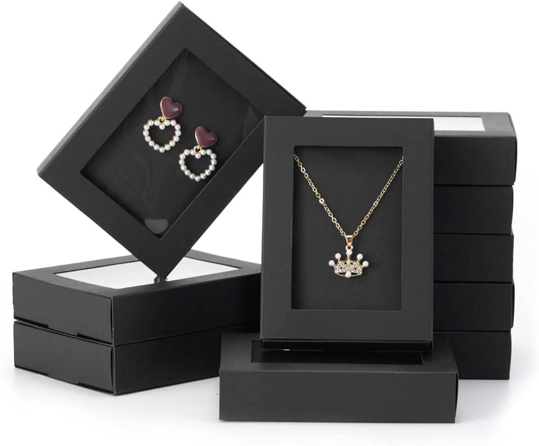 Jewelry Boxes For Selling with Clear Window,Jewelry Boxes Packaging,Jewelry Display Drawer Box - Necklace Box Earring Box Ring Box,jewelry gift boxes 4.5"x3.4"x1" (Black)