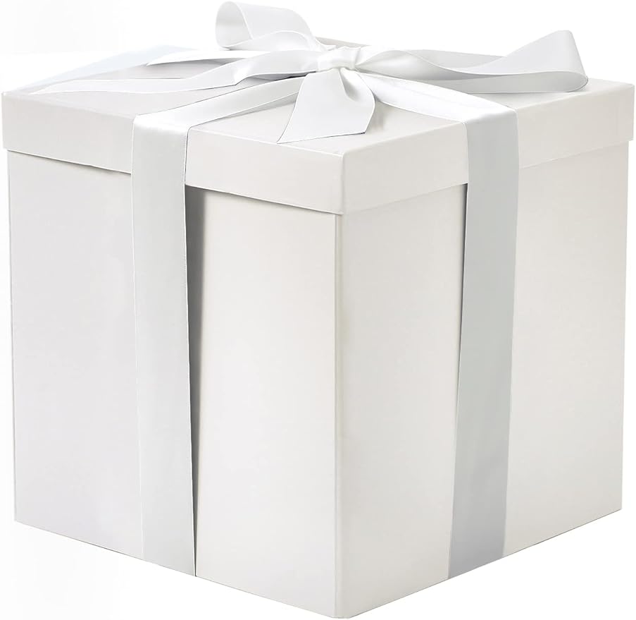 Medium Birthday Gift Box with Lids, Ribbon and Tissue Paper, Collapsible Gift Box - 1 Pcs, 10x10x10 Inches, White