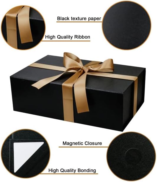 Large Gift Box with Lid, 14"x9"x4.5" Magnetic Gift Box with Ribbon, Cards and Envelopes for Presents, Great for Wedding, Birthdays, Crafting, Gift Packging (Black)