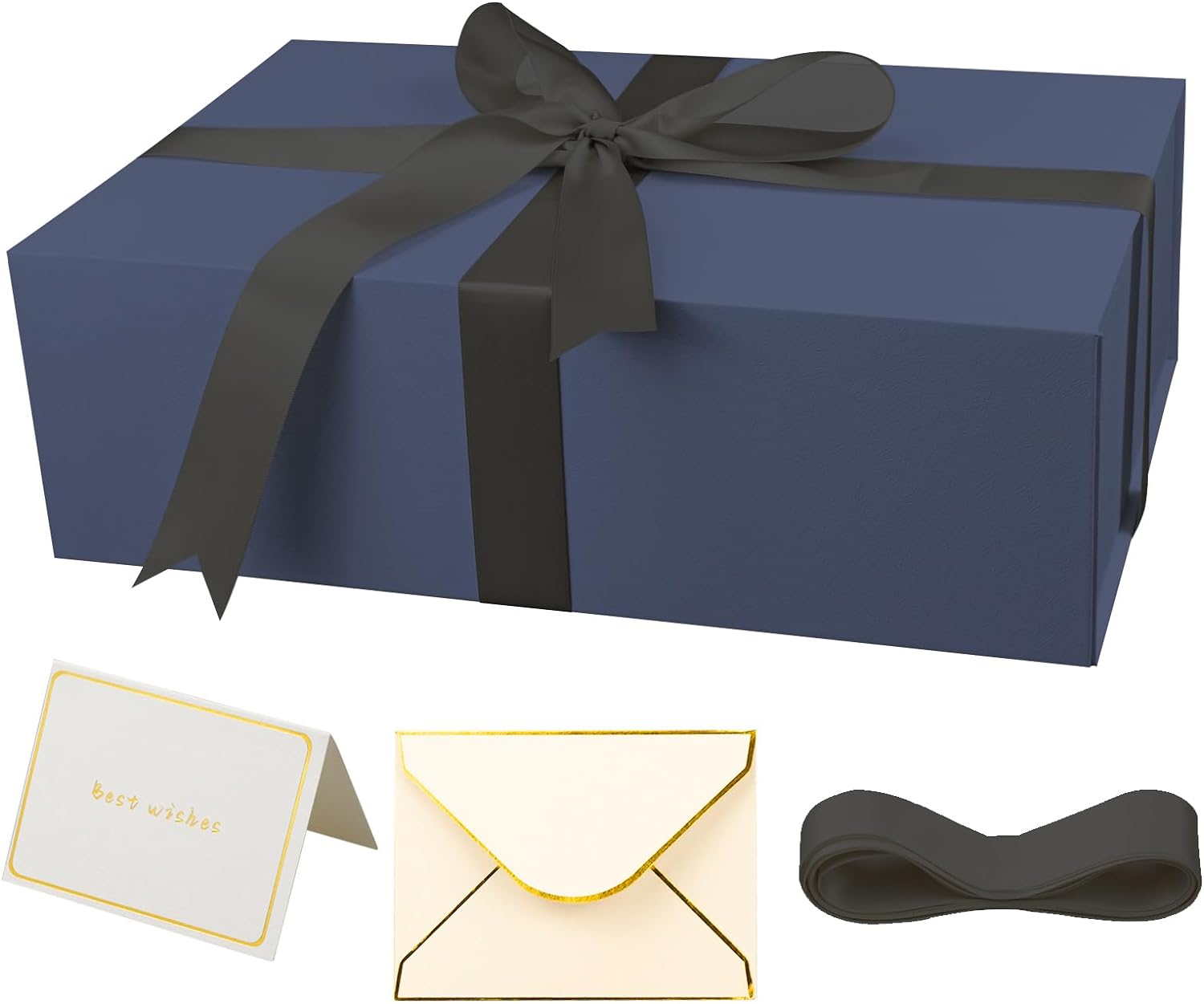 Large Gift Box with Lid, 14"x9"x4.5" Magnetic Gift Box with Ribbon, Cards and Envelopes for Presents, Great for Wedding, Birthdays, Crafting, Gift Packging (Black)