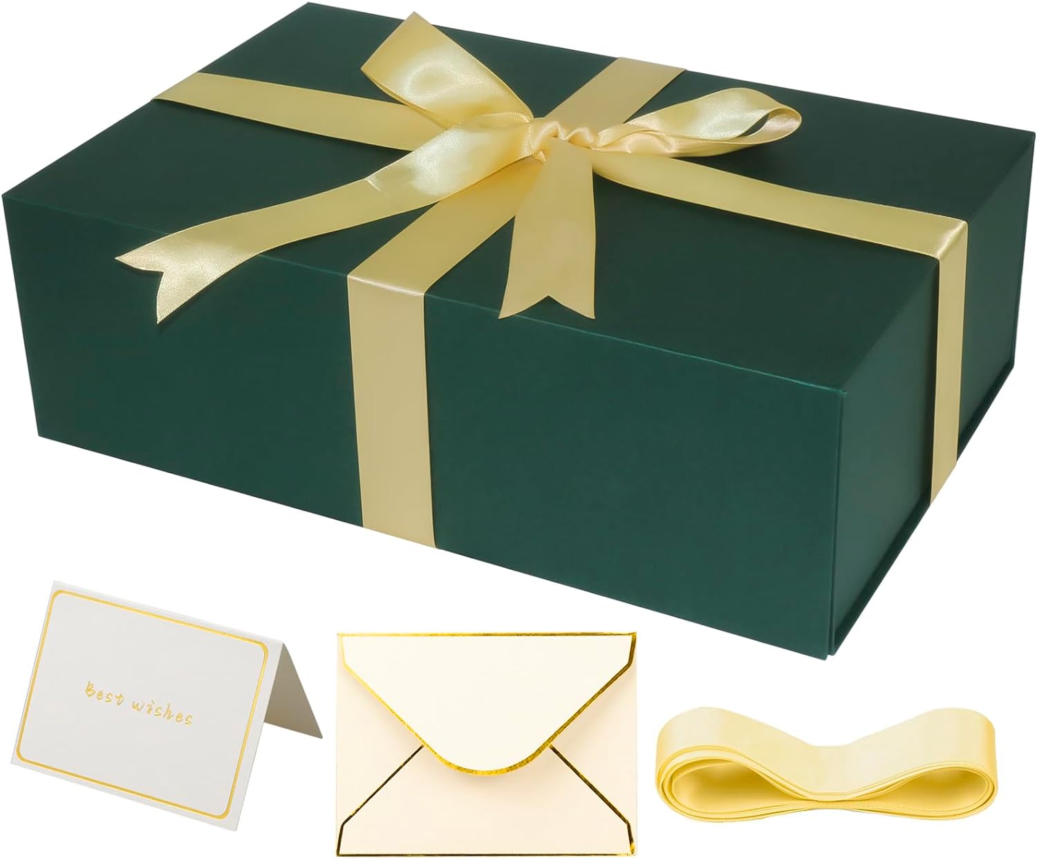 Large Gift Box with Lid, 14"x9"x4.5" Magnetic Gift Box with Ribbon, Cards and Envelopes for Presents, Great for Wedding, Birthdays, Crafting, Gift Packging (Black)