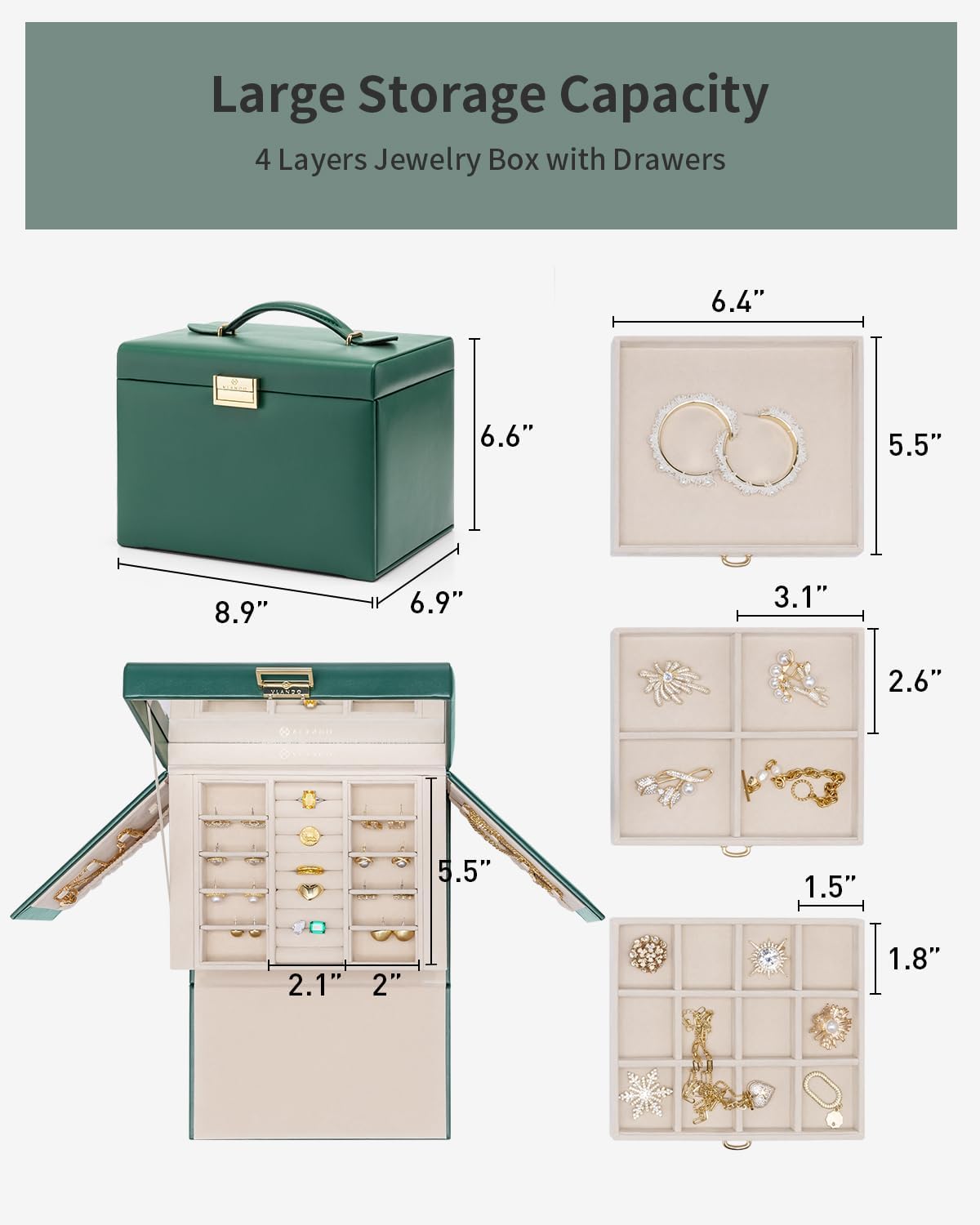 Jewelry Box for Women,Faux Leather Large-Capacity Jewelry Organizer 2 Drawn,Mirror