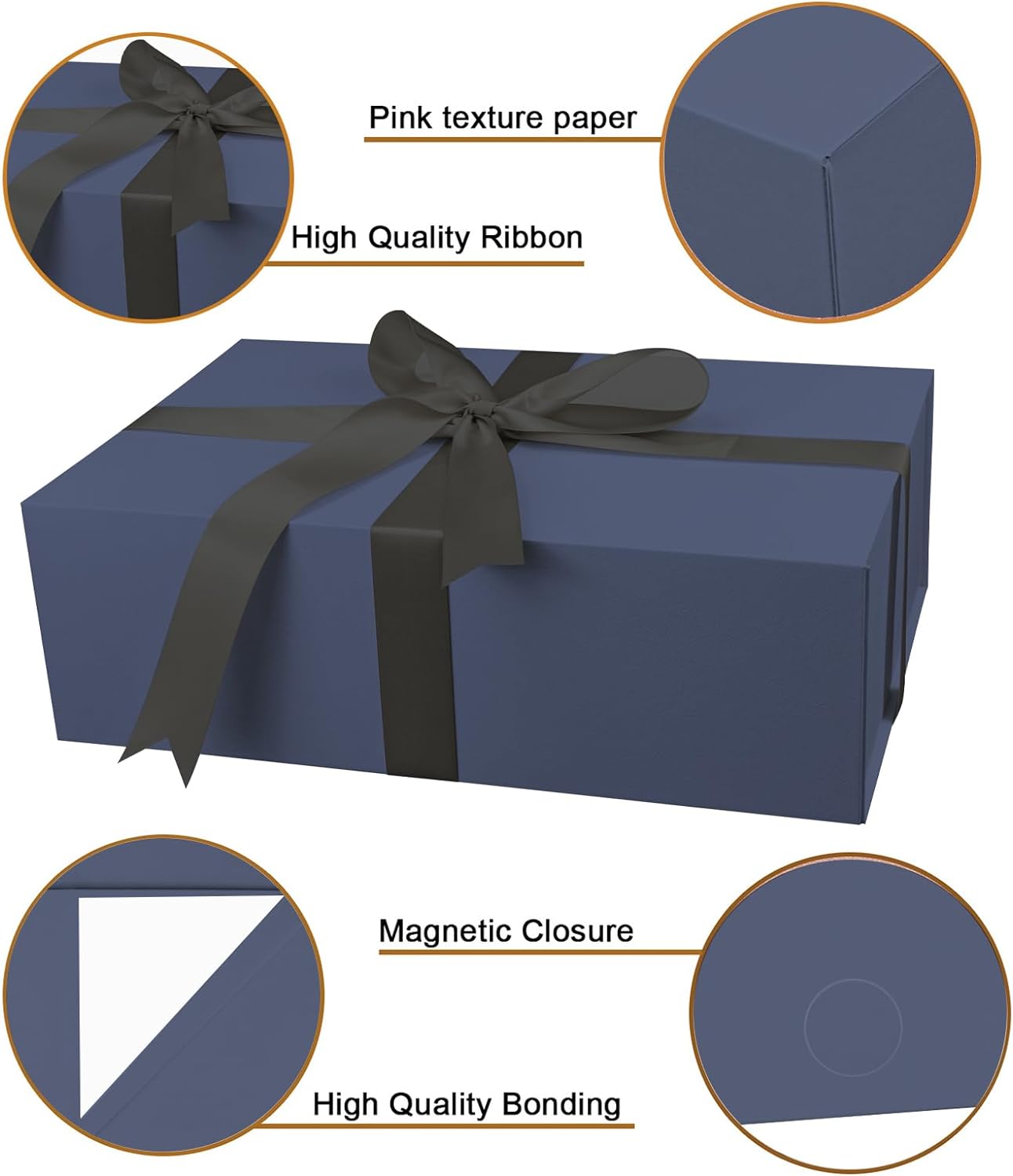 Large Gift Box with Lid, 14"x9"x4.5" Magnetic Gift Box with Ribbon, Cards and Envelopes for Presents, Great for Wedding, Birthdays, Crafting, Gift Packging (Black)