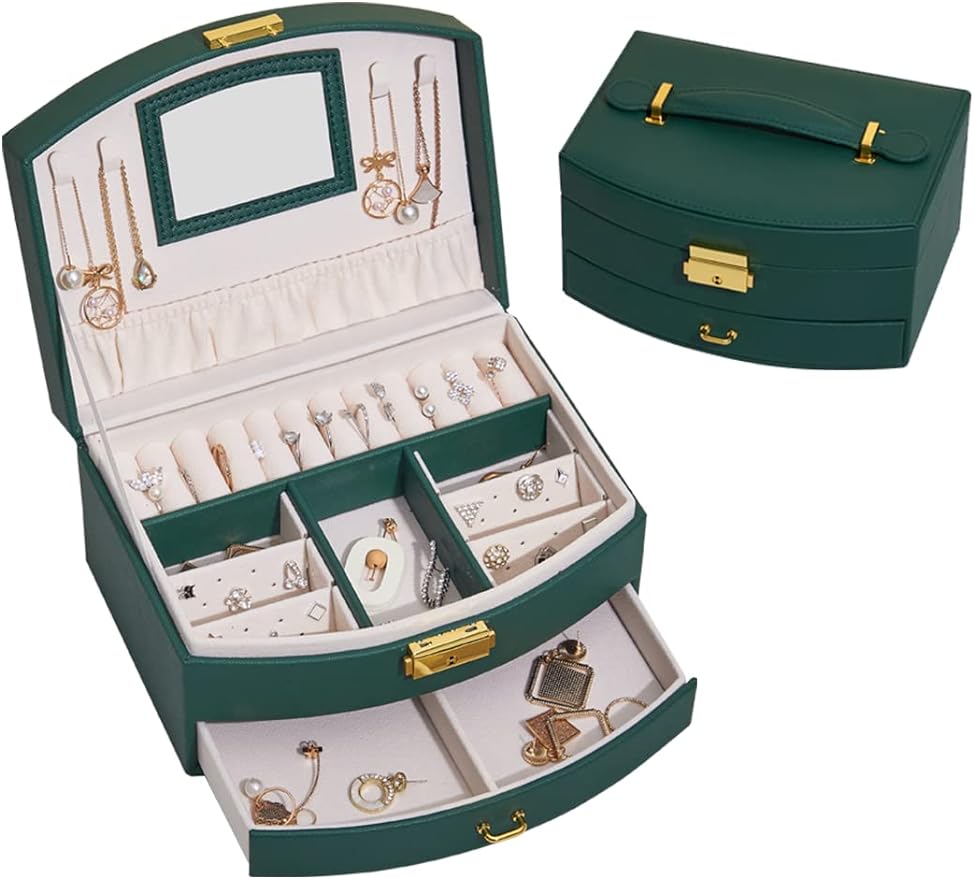 3 Layer Medium Sized Jewelry Storage Box with Lock, PU Leather