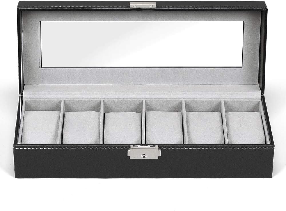 6 Slot Leather Watch Box Display Case Organizer Glass Jewelry Storage Black