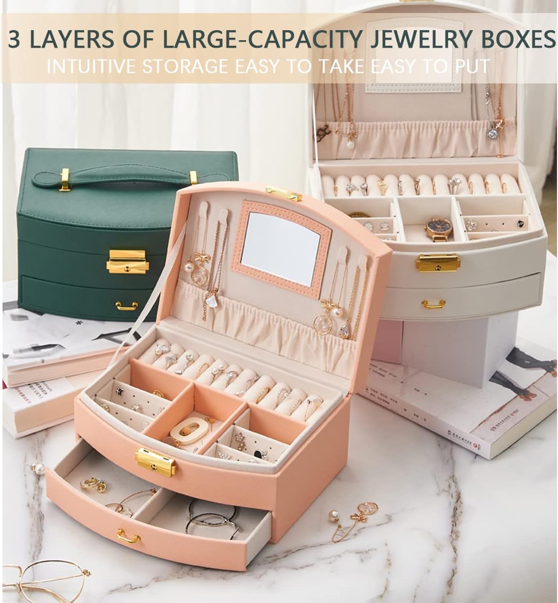 3 Layer Medium Sized Jewelry Storage Box with Lock, PU Leather