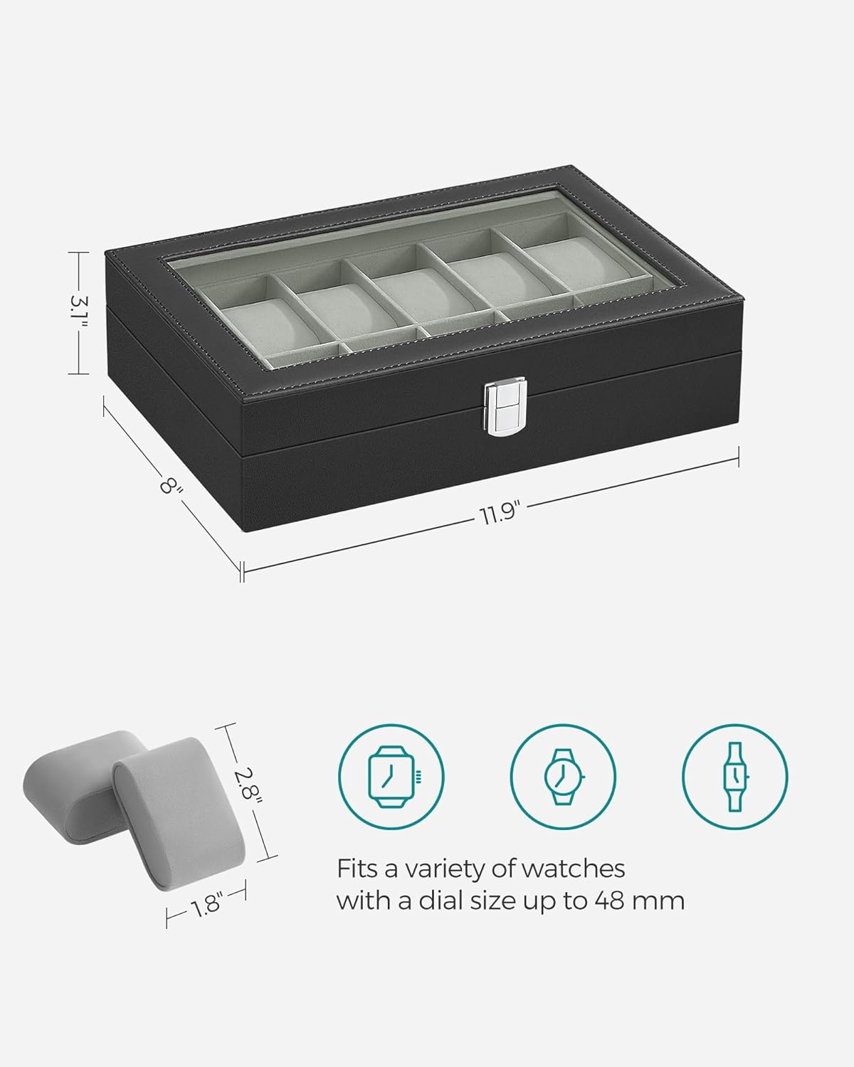 12-Slot Black Synthetic Leather Watch Box with Large Glass Lid and Removable Watch Pillows