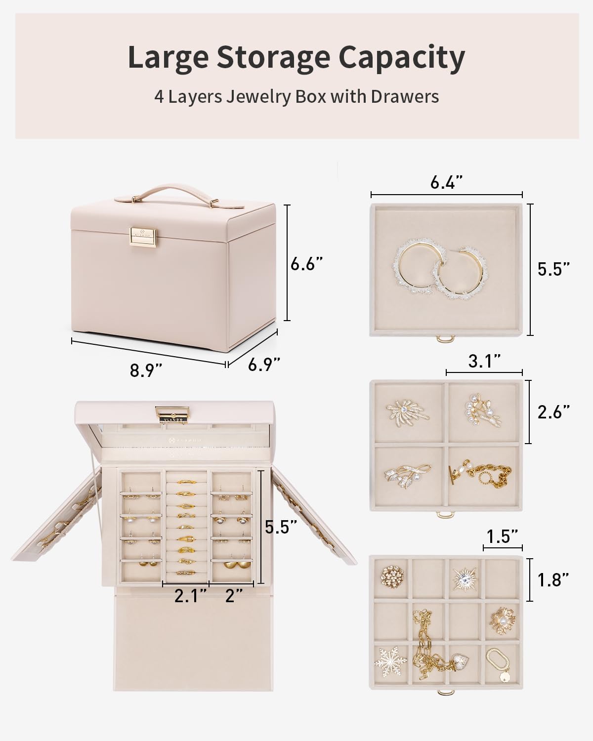 Jewelry Box for Women,Faux Leather Large-Capacity Jewelry Organizer 2 Drawn,Mirror