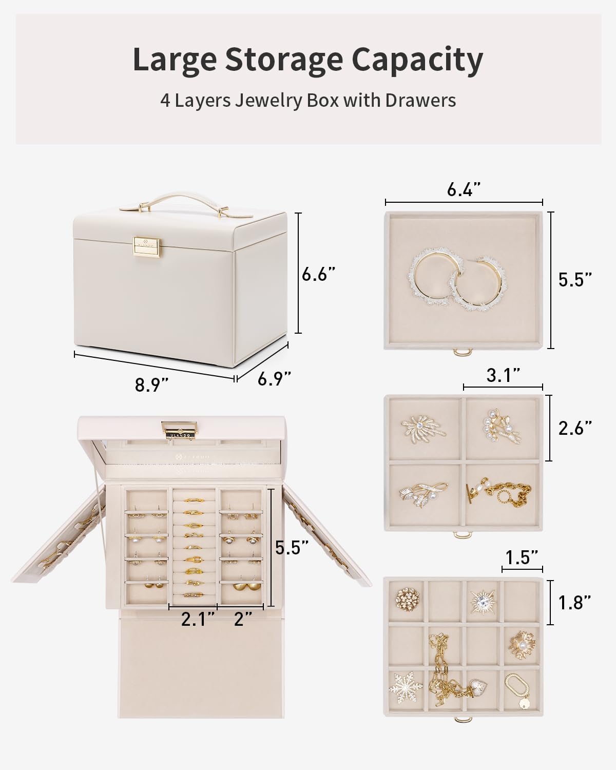 Jewelry Box for Women,Faux Leather Large-Capacity Jewelry Organizer 2 Drawn,Mirror