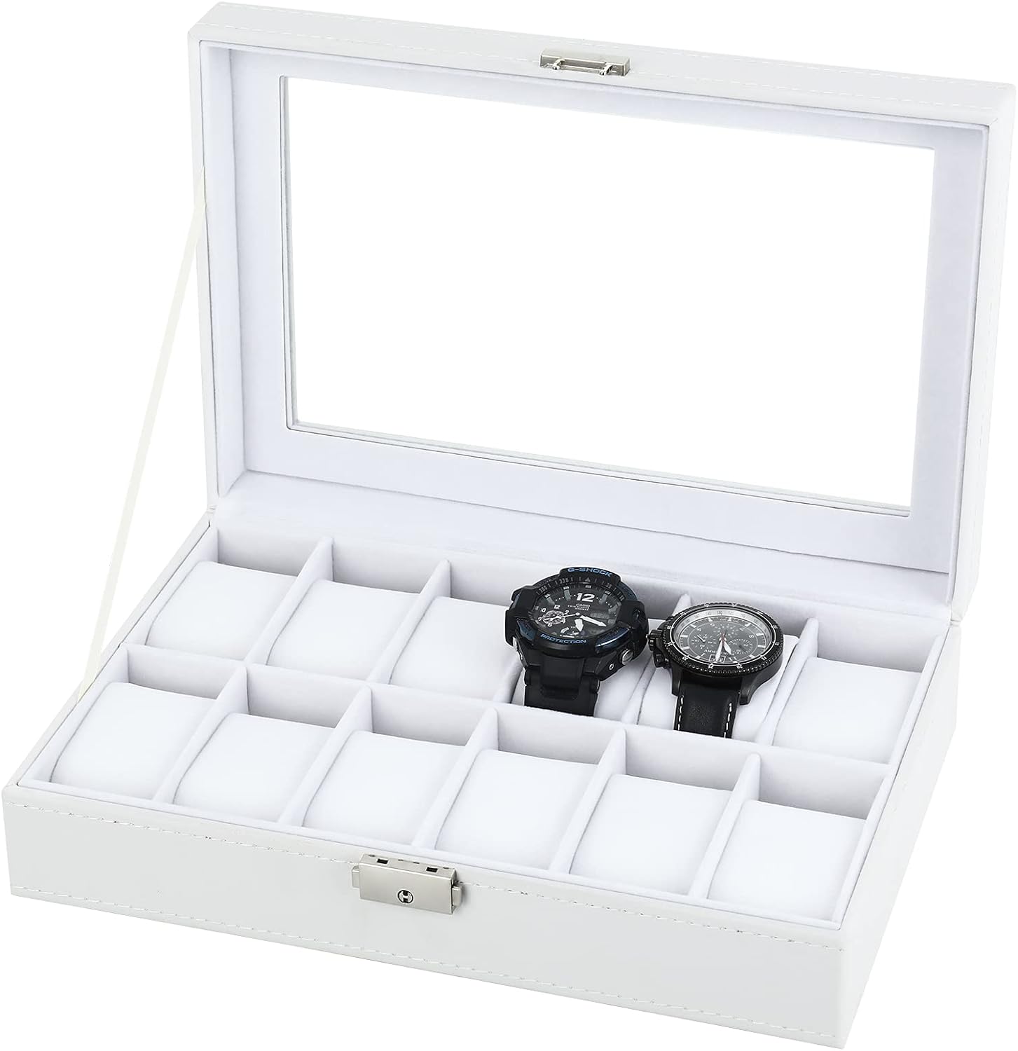 Watch Box, 12-Slot Leather Watch Case Organizer Watch Holder for Men, Glass Top