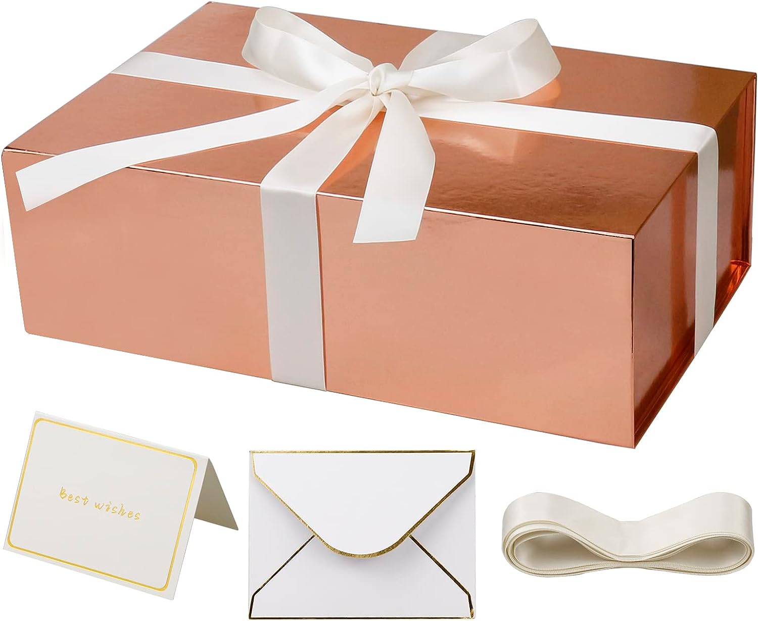 Large Gift Box with Lid, 14"x9"x4.5" Magnetic Gift Box with Ribbon, Cards and Envelopes for Presents, Great for Wedding, Birthdays, Crafting, Gift Packging (Black)