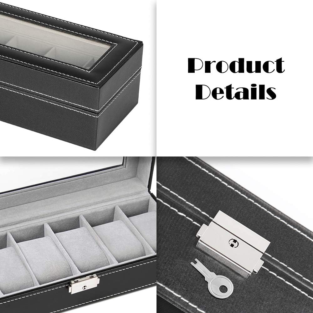 6 Slot Leather Watch Box Display Case Organizer Glass Jewelry Storage Black