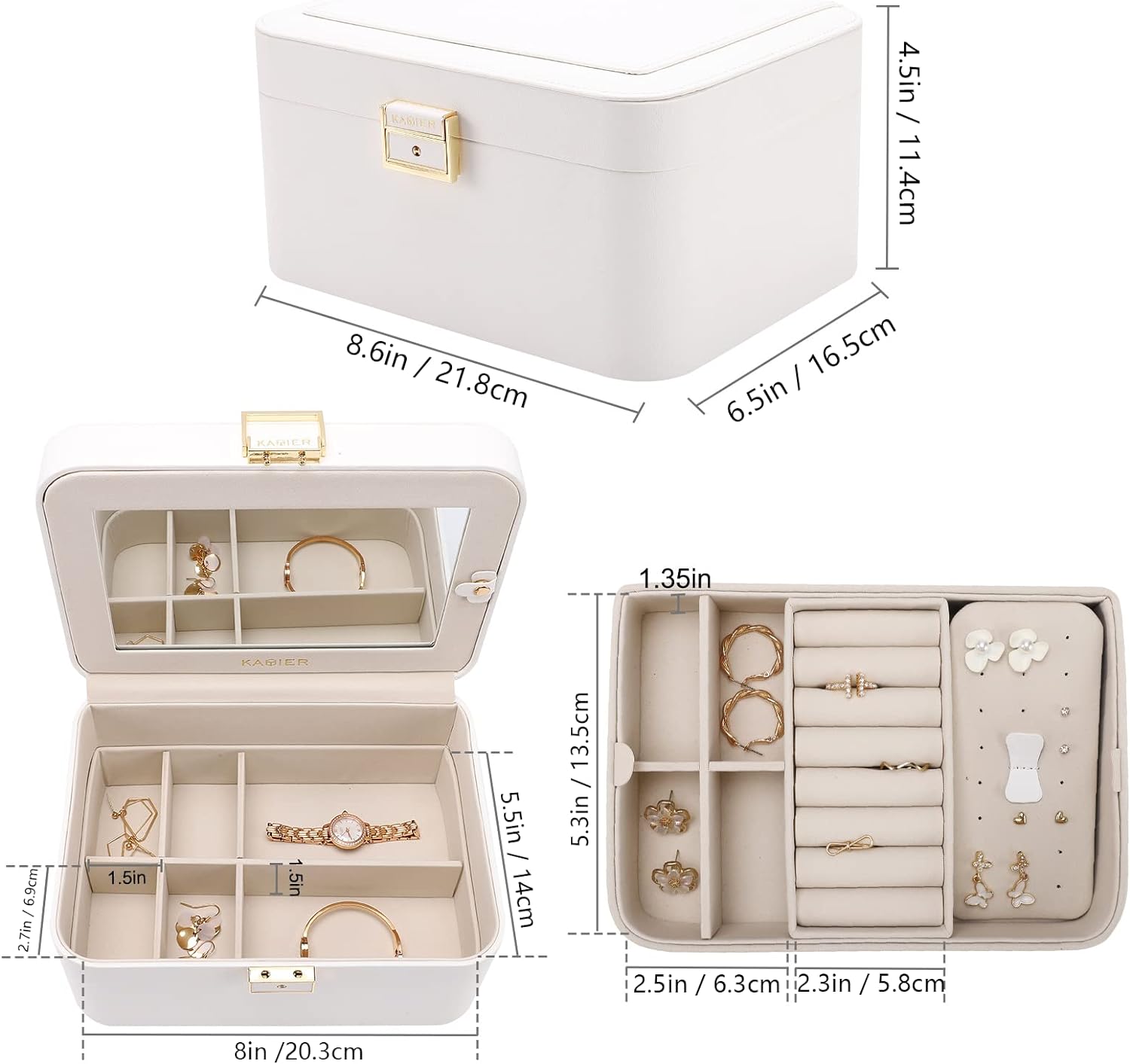 2 Layer Jewelry Organizer Box ,Luxury Leather & Soft Velvet Lined