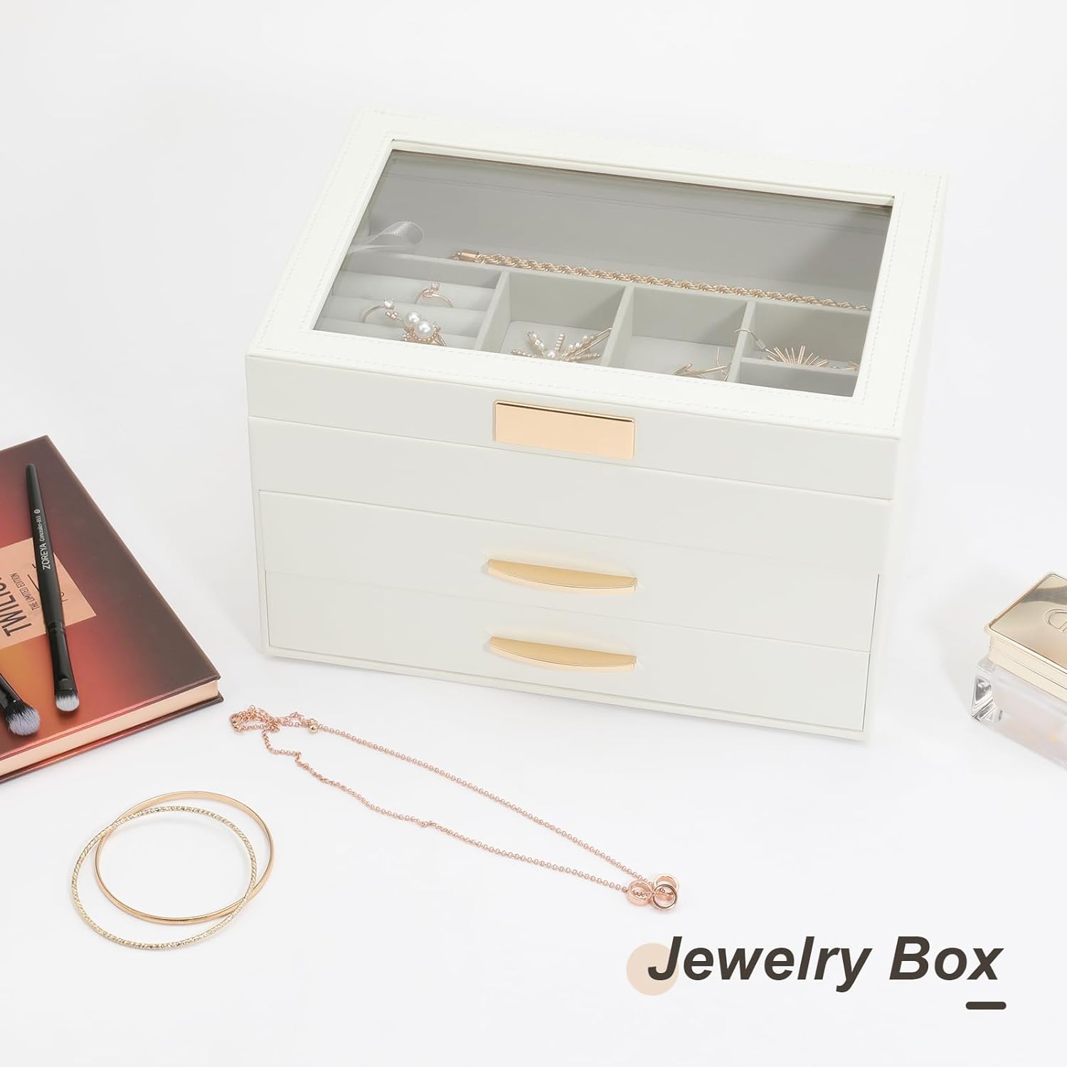 Jewelry Box with Glasses Lid, Large Jewelry Organizer Box with 2 Drawers, 3 Layers Jewelry Storage Box