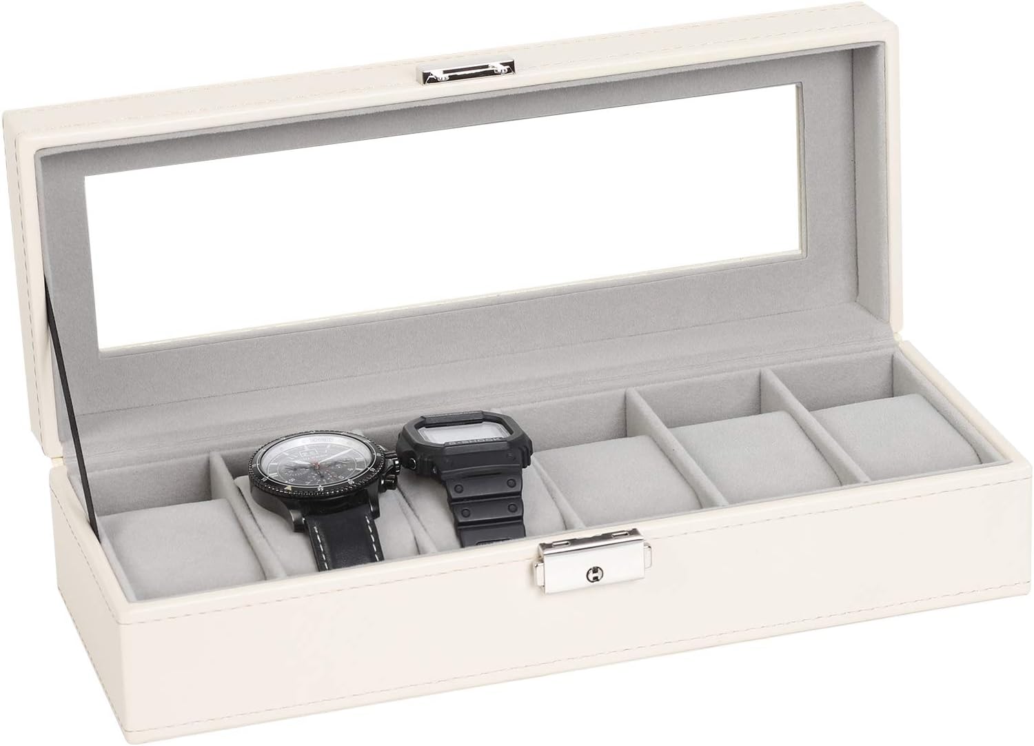 6 Slot Leather Watch Box Display Case Organizer Glass Jewelry Storage Black