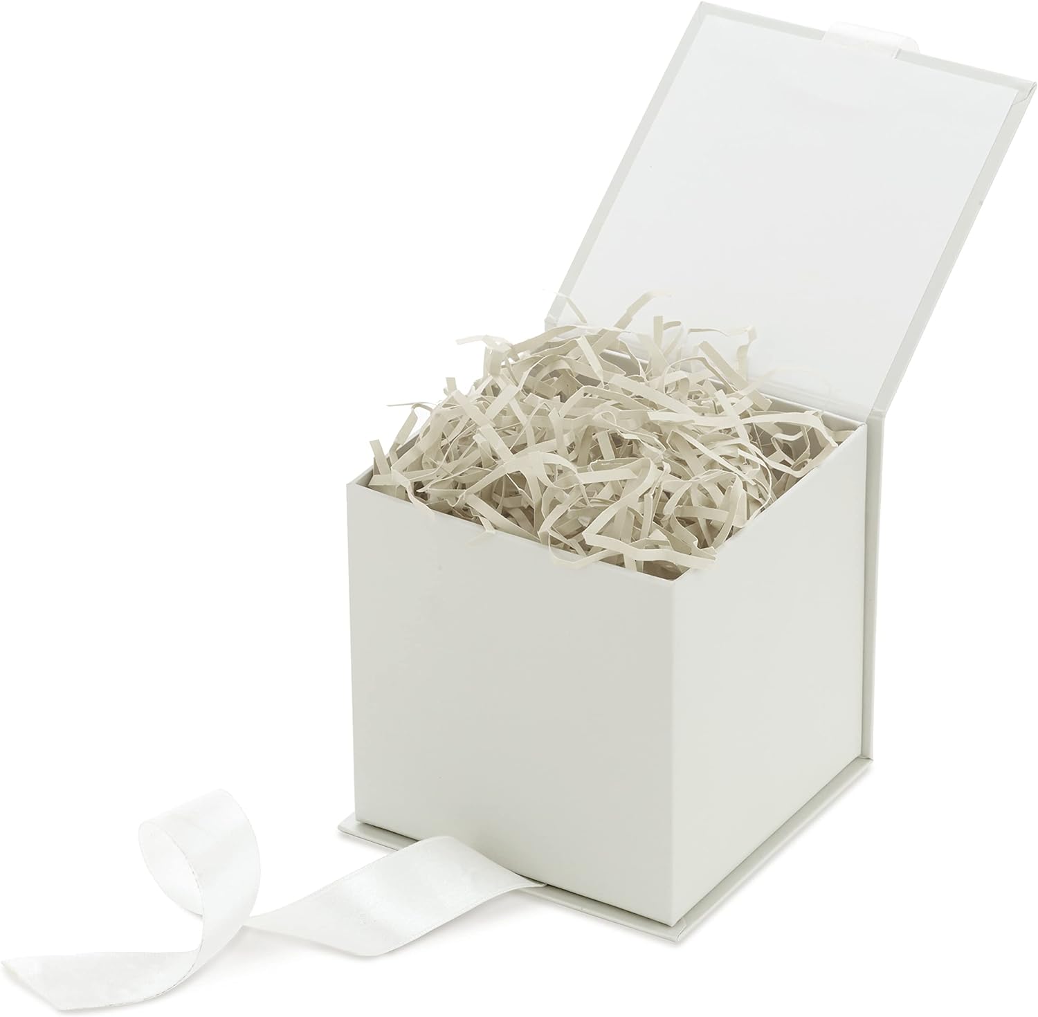 Small Gift Box with Bow and Shredded Paper Fill (Off-White) for Weddings, Bridesmaids Gifts, Engagements, Graduations and More