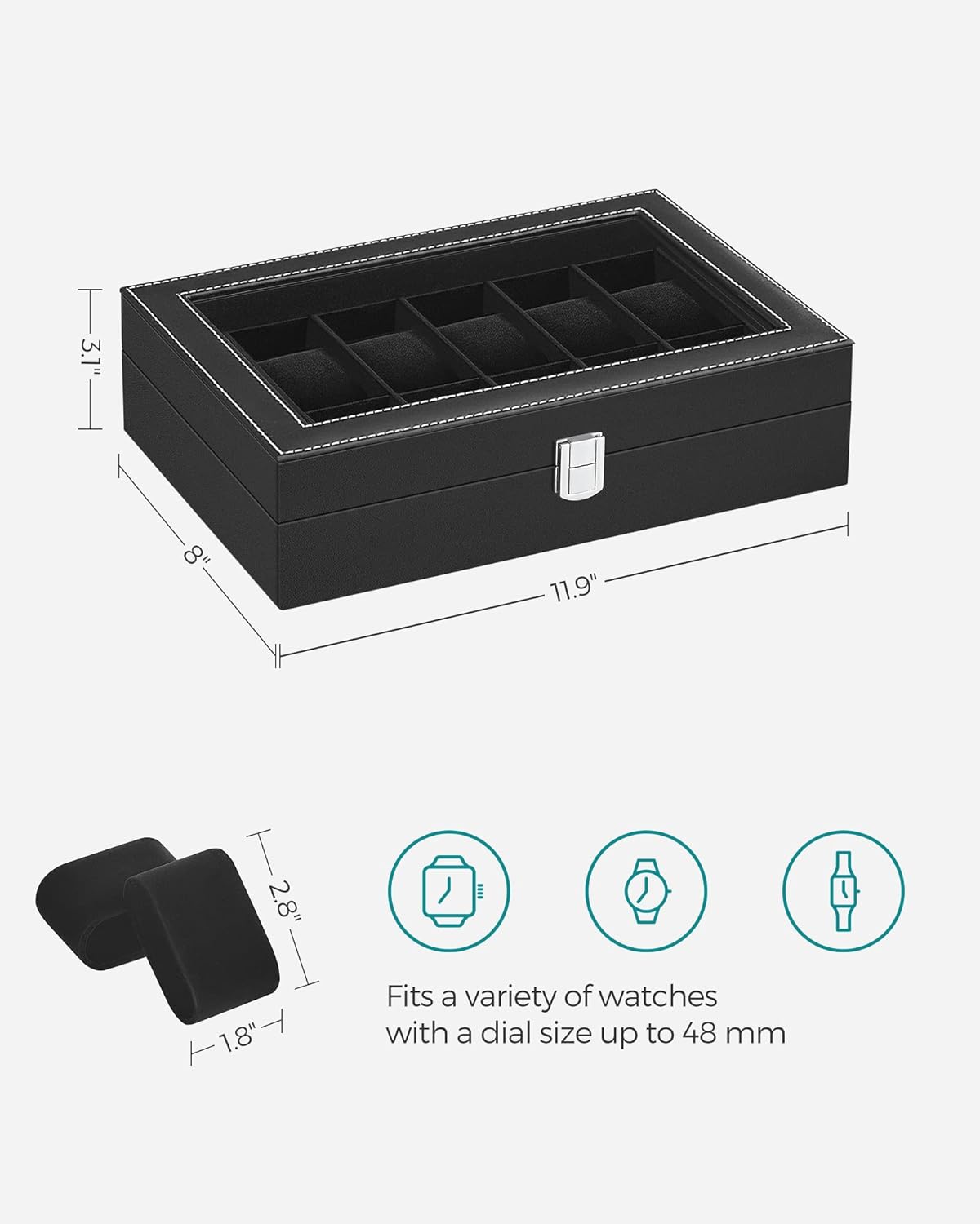 12-Slot Black Synthetic Leather Watch Box with Large Glass Lid and Removable Watch Pillows