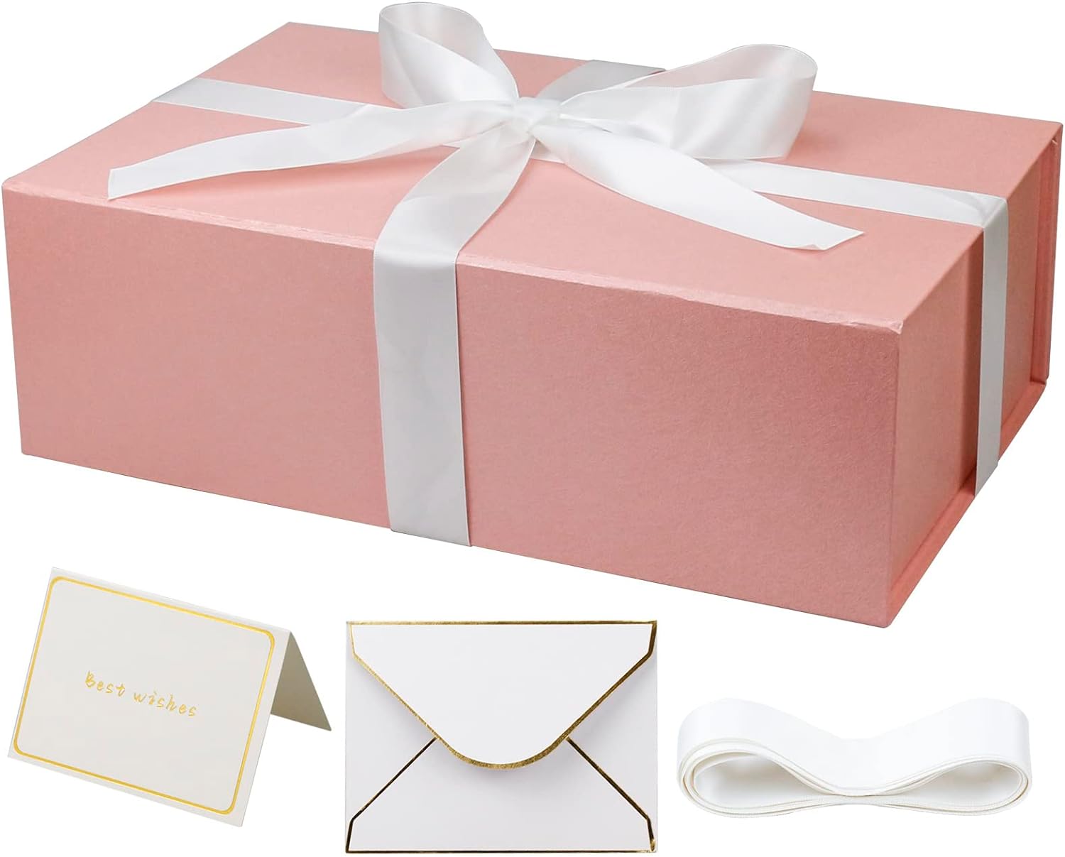 Large Gift Box with Lid, 14"x9"x4.5" Magnetic Gift Box with Ribbon, Cards and Envelopes for Presents, Great for Wedding, Birthdays, Crafting, Gift Packging (Black)