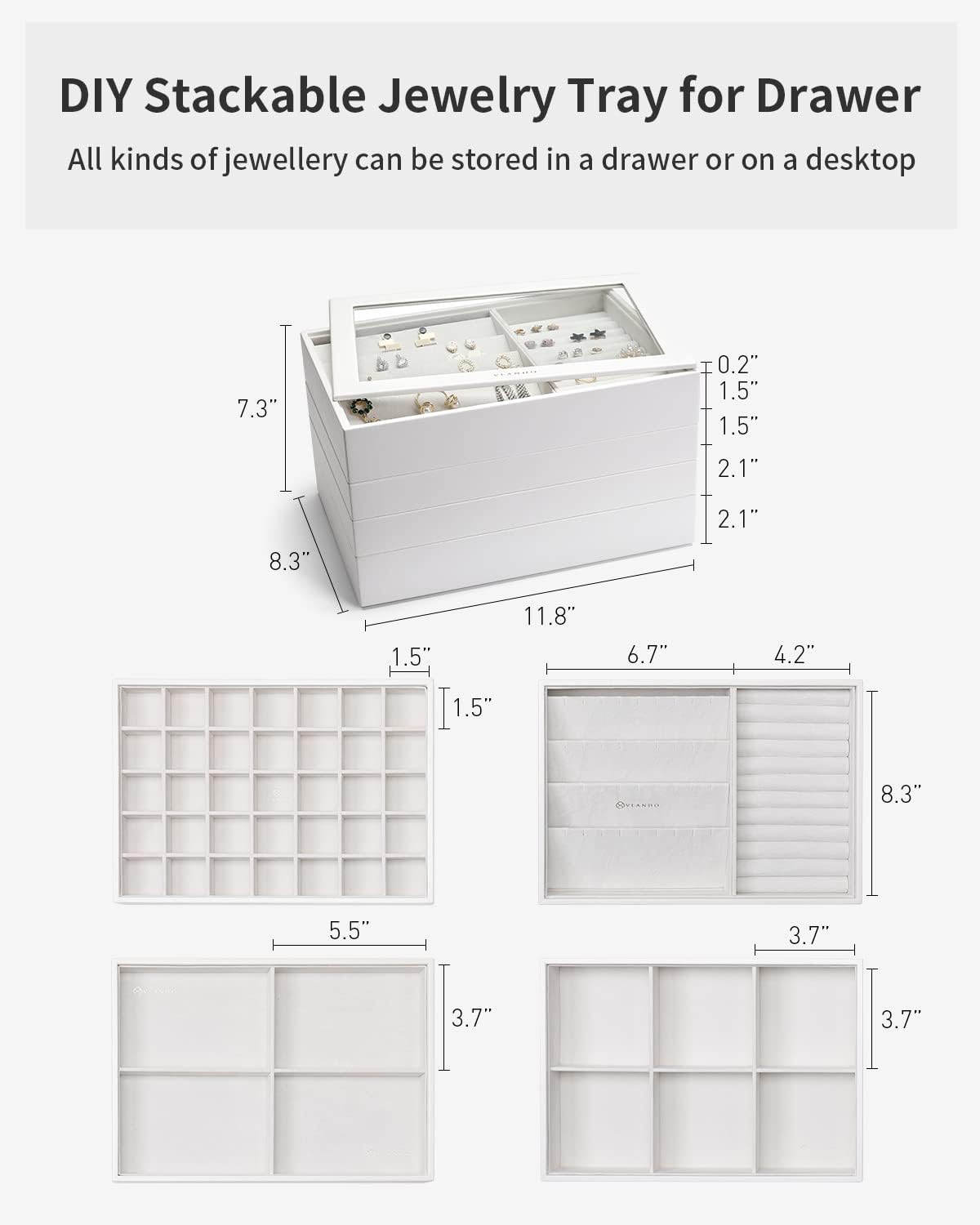 Jewelry Trays Stackable Showcase Display Drawer Organizer Storage Toughened Glass Lid Multi-Purpose