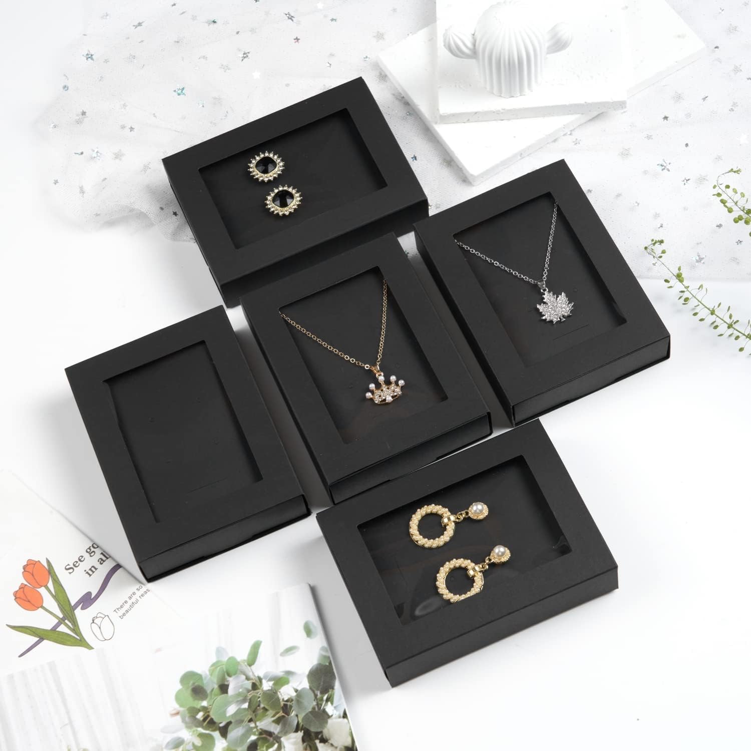 Jewelry Boxes For Selling with Clear Window,Jewelry Boxes Packaging,Jewelry Display Drawer Box - Necklace Box Earring Box Ring Box,jewelry gift boxes 4.5"x3.4"x1" (Black)