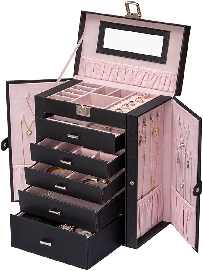 Large Jewelry Box Organizer with Small Travel Case - 6-Layer Black Mirrored Box