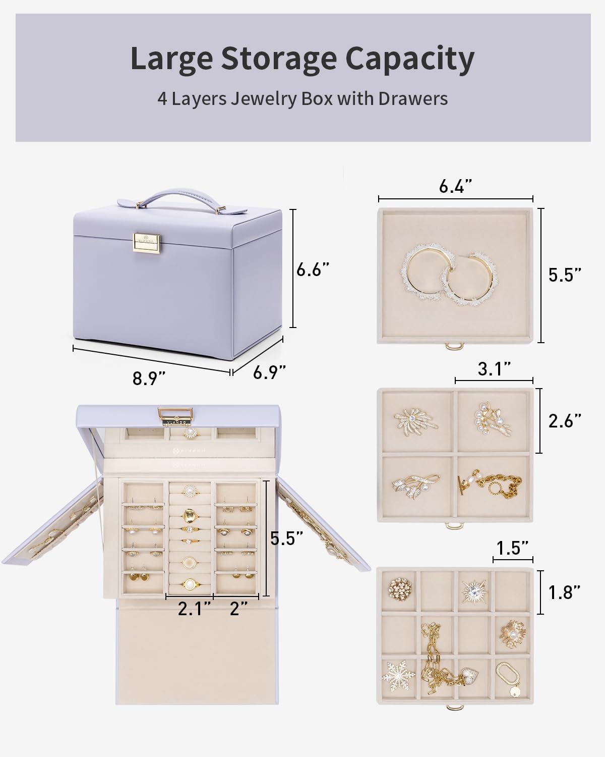 Jewelry Box for Women,Faux Leather Large-Capacity Jewelry Organizer 2 Drawn,Mirror