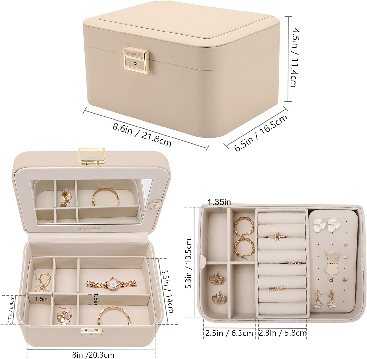 2 Layer Jewelry Organizer Box ,Luxury Leather & Soft Velvet Lined