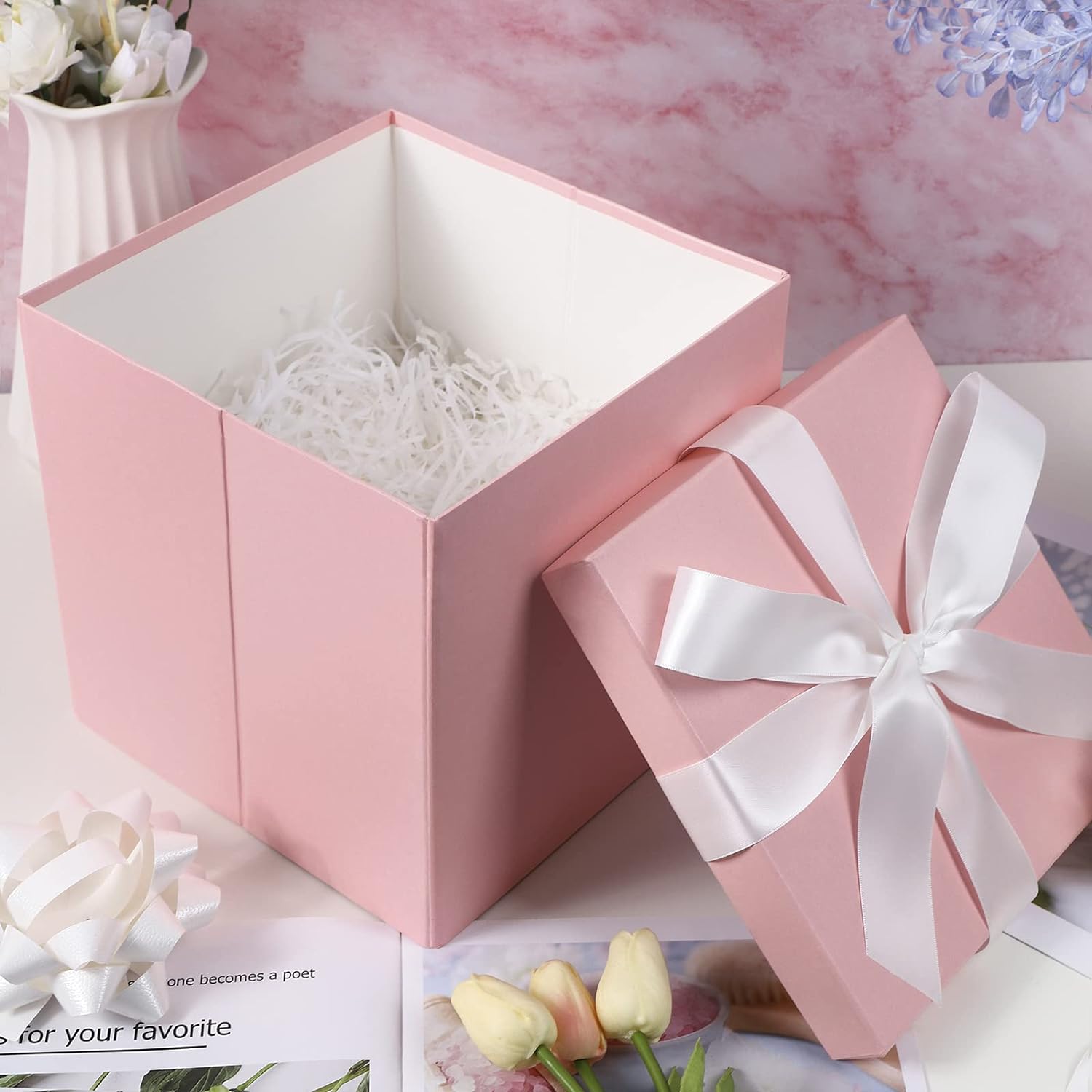 Medium Birthday Gift Box with Lids, Ribbon and Tissue Paper, Collapsible Gift Box - 1 Pcs, 10x10x10 Inches, White