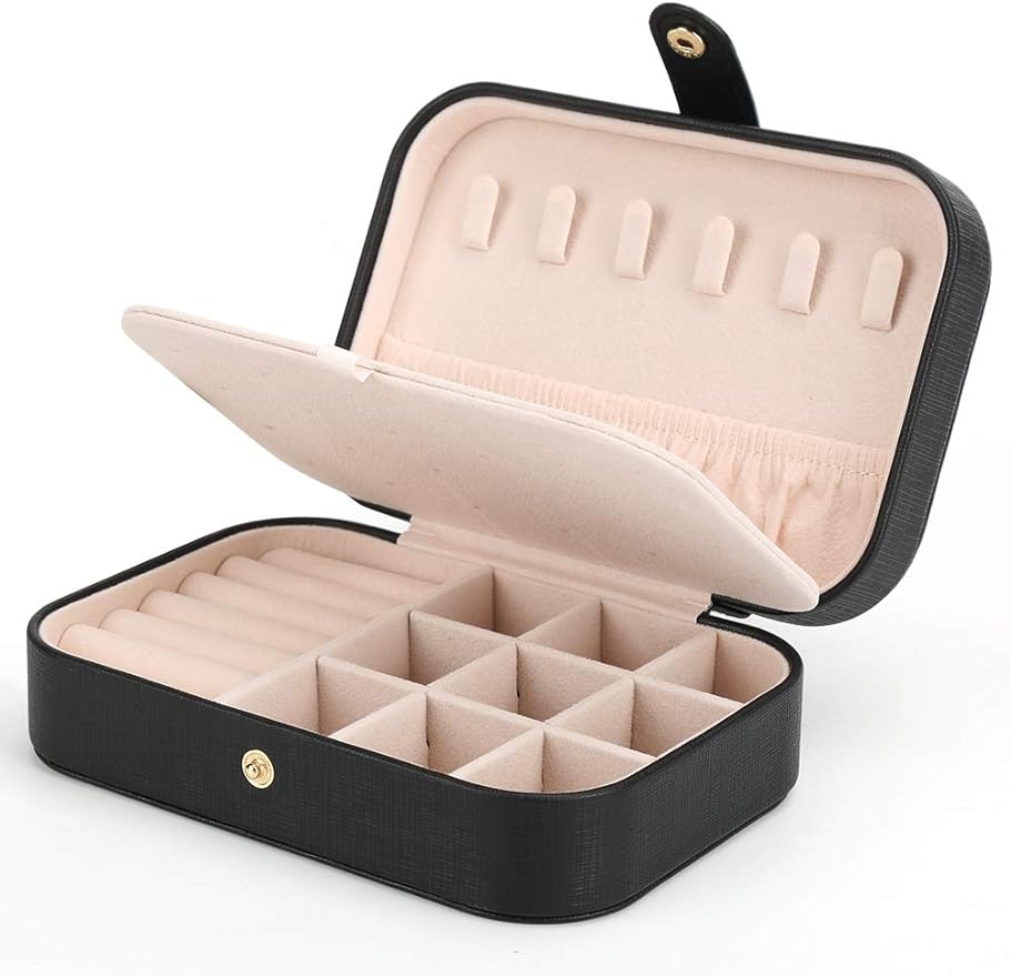 Small Jewelry Box Necklace Ring Storage Organizer Mini Jewelry case Double Layer Travel Jewelry Organizer for Women Girls Gift/Black