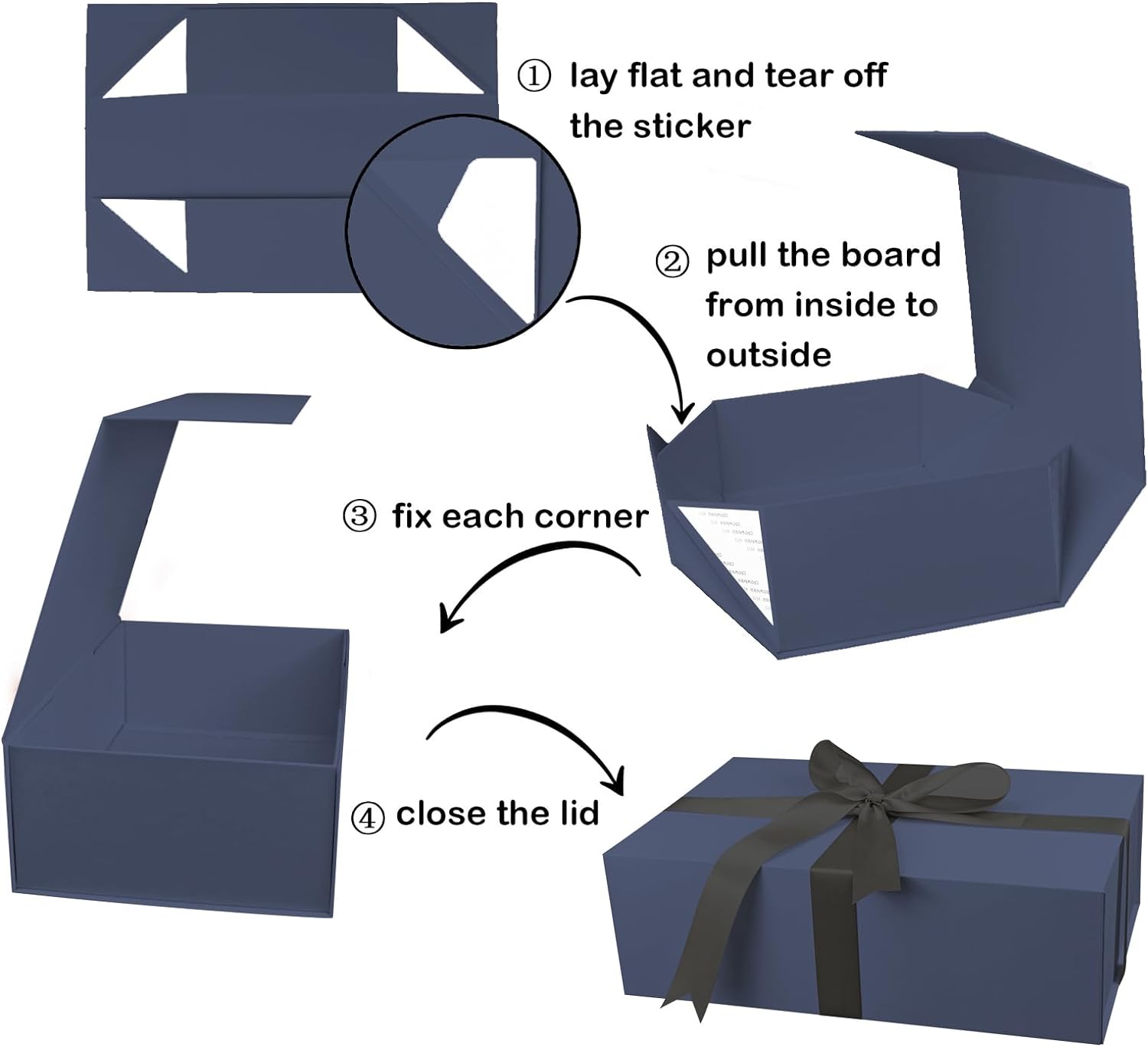 Large Gift Box with Lid, 14"x9"x4.5" Magnetic Gift Box with Ribbon, Cards and Envelopes for Presents, Great for Wedding, Birthdays, Crafting, Gift Packging (Black)