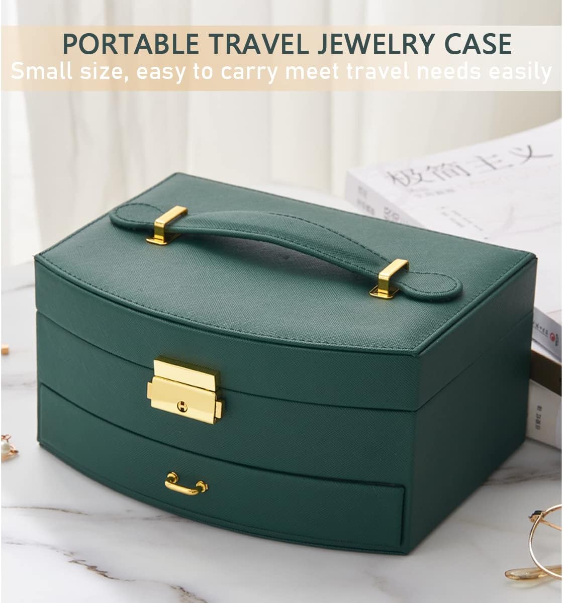 3 Layer Medium Sized Jewelry Storage Box with Lock, PU Leather