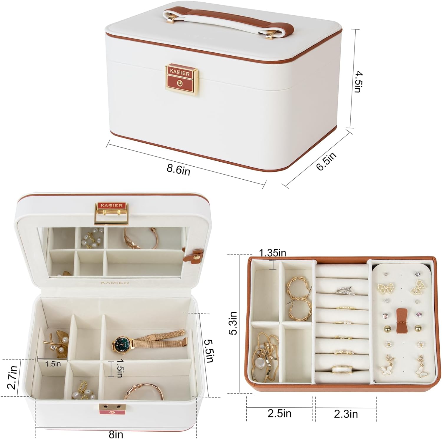 2 Layer Jewelry Organizer Box ,Luxury Leather & Soft Velvet Lined