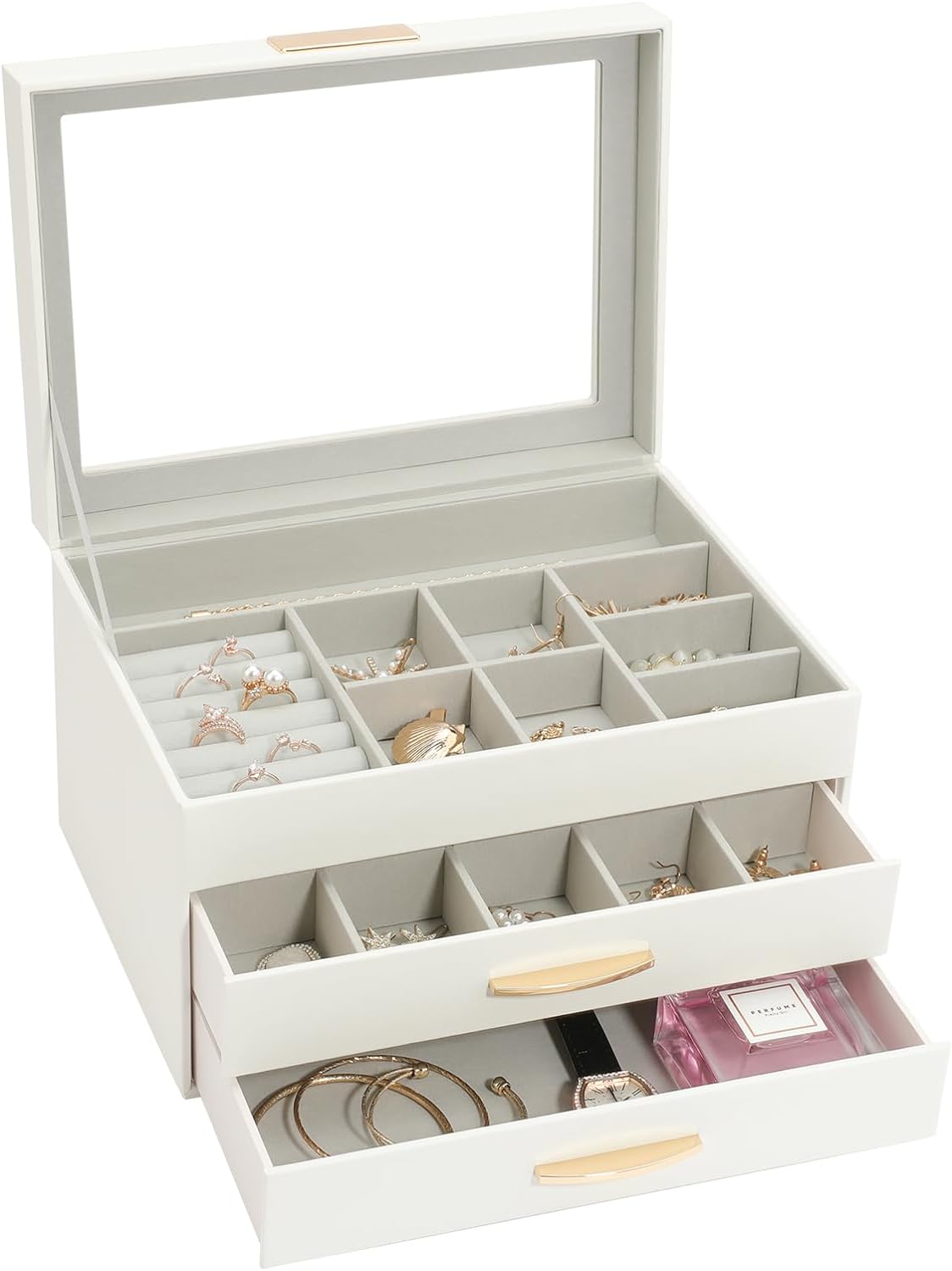 Jewelry Box with Glasses Lid, Large Jewelry Organizer Box with 2 Drawers, 3 Layers Jewelry Storage Box