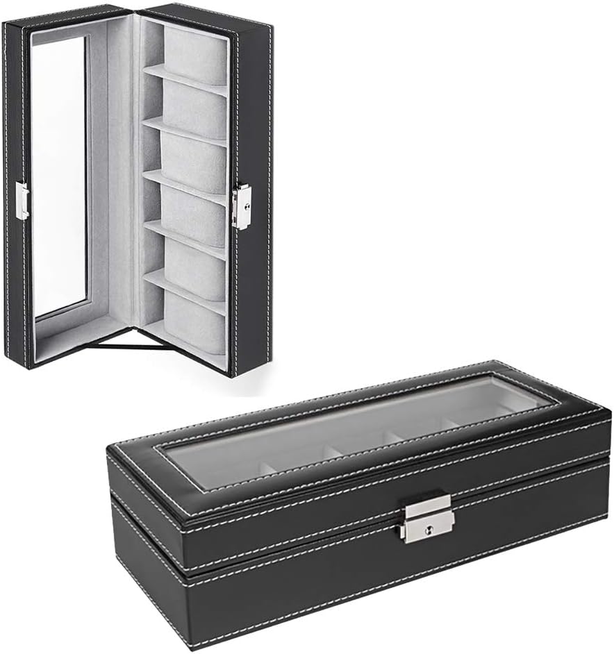 6 Slot Leather Watch Box Display Case Organizer Glass Jewelry Storage Black