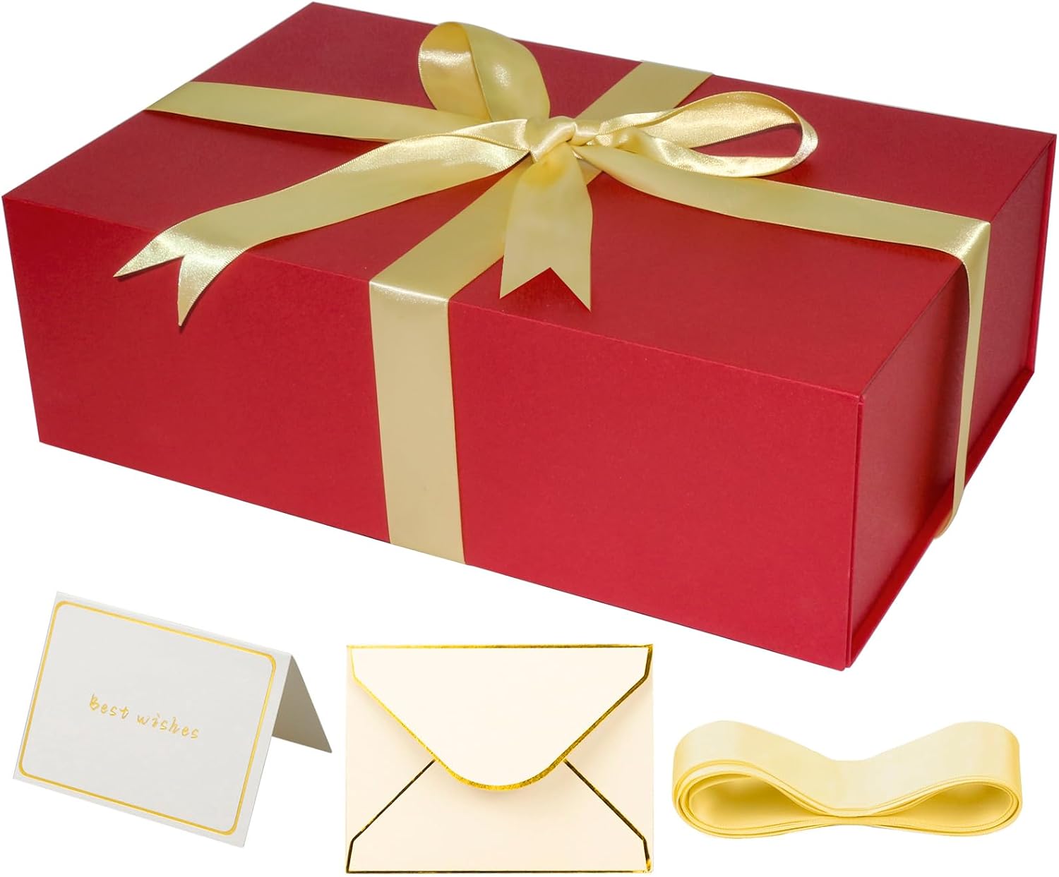 Large Gift Box with Lid, 14"x9"x4.5" Magnetic Gift Box with Ribbon, Cards and Envelopes for Presents, Great for Wedding, Birthdays, Crafting, Gift Packging (Black)