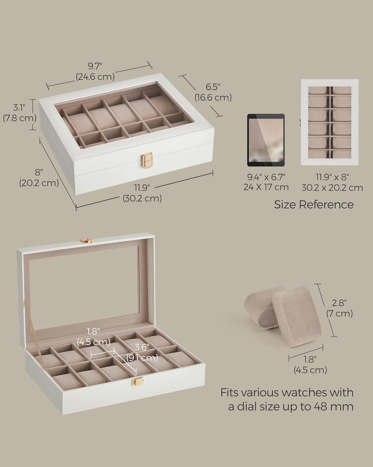 12-Slot Black Synthetic Leather Watch Box with Large Glass Lid and Removable Watch Pillows