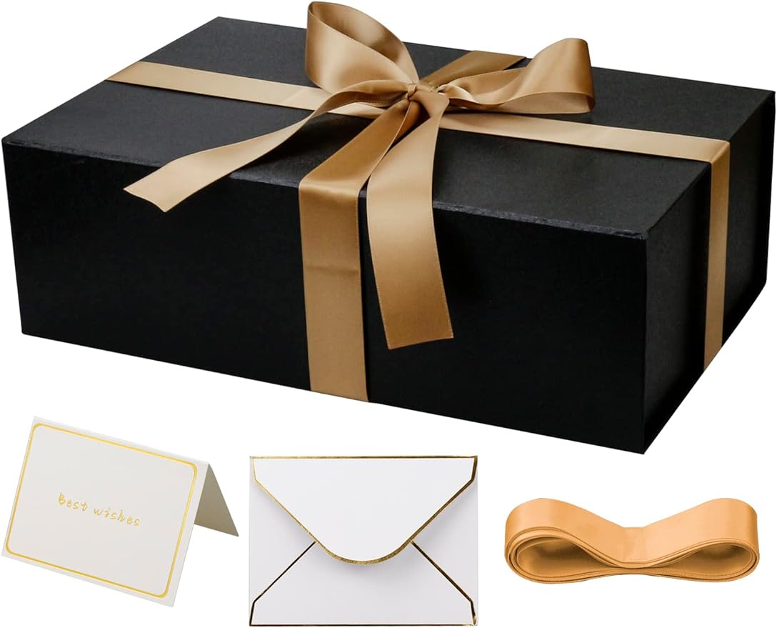 Large Gift Box with Lid, 14"x9"x4.5" Magnetic Gift Box with Ribbon, Cards and Envelopes for Presents, Great for Wedding, Birthdays, Crafting, Gift Packging (Black)