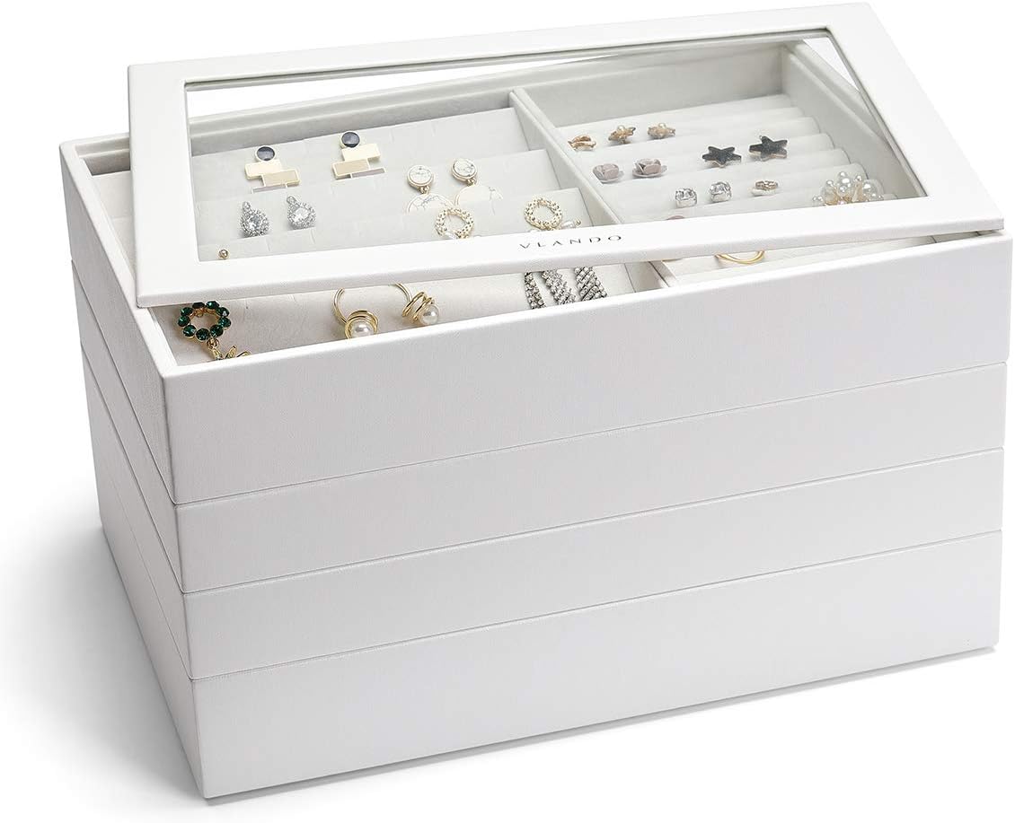 Jewelry Trays Stackable Showcase Display Drawer Organizer Storage Toughened Glass Lid Multi-Purpose