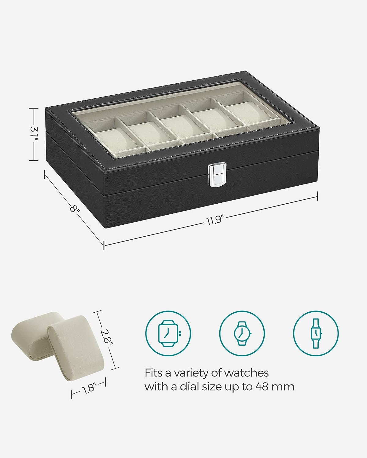 12-Slot Black Synthetic Leather Watch Box with Large Glass Lid and Removable Watch Pillows