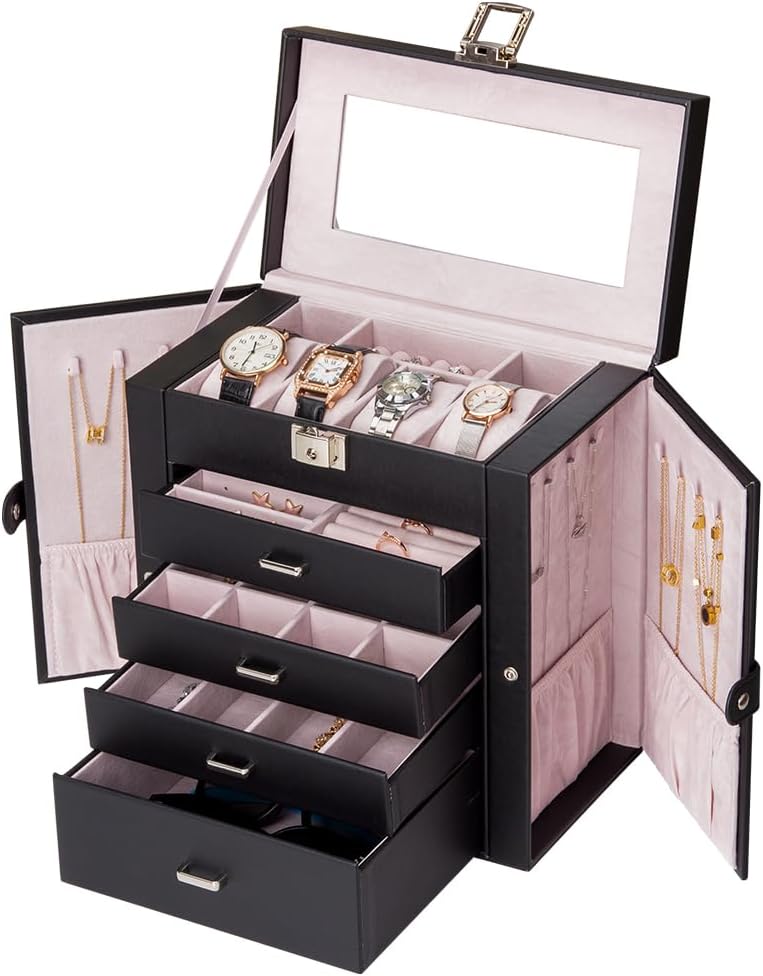 Large Jewelry Box Organizer with Small Travel Case - 6-Layer Black Mirrored Box