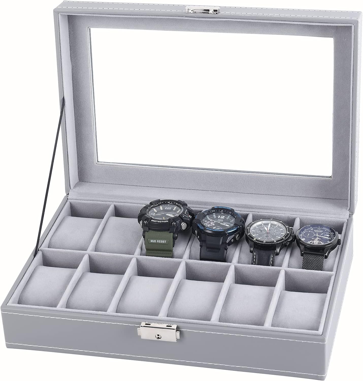 Watch Box, 12-Slot Leather Watch Case Organizer Watch Holder for Men, Glass Top