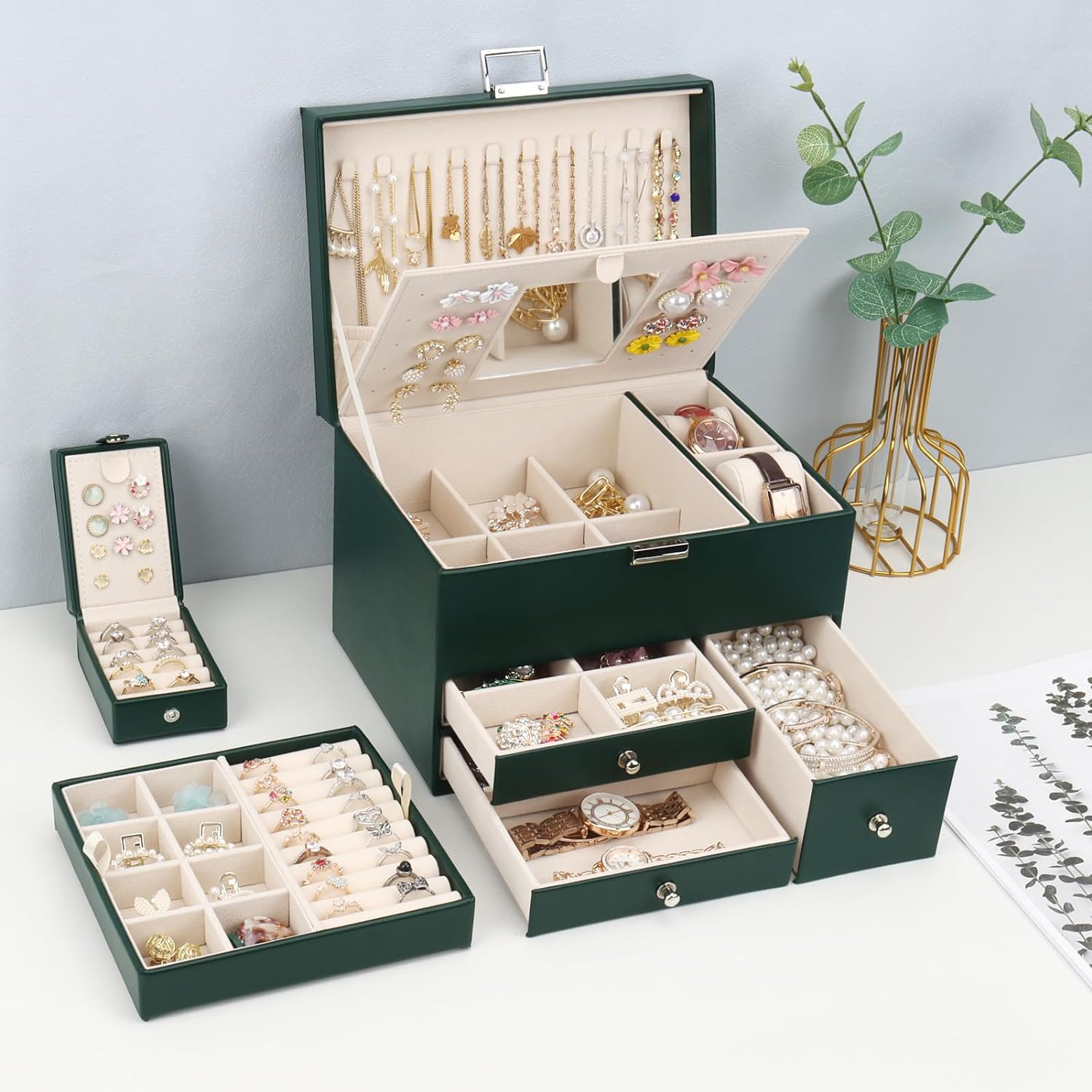 Jewelry Organizer Box, 3 Layers Large Jewelry Box with Travel Jewelry Case And Removable Tray