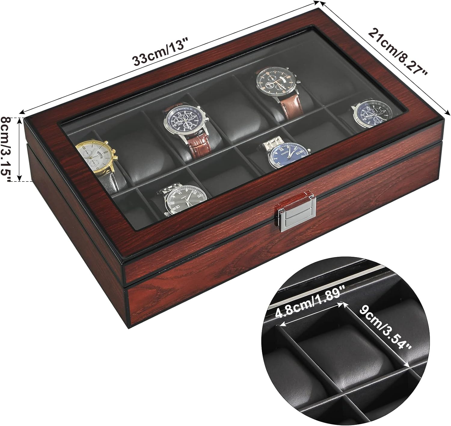 Watch Box 12 Slots PU Leather Watch Case for Men - Jewelry Display Drawer Case with Glass Top,Smooth Velvet Lining