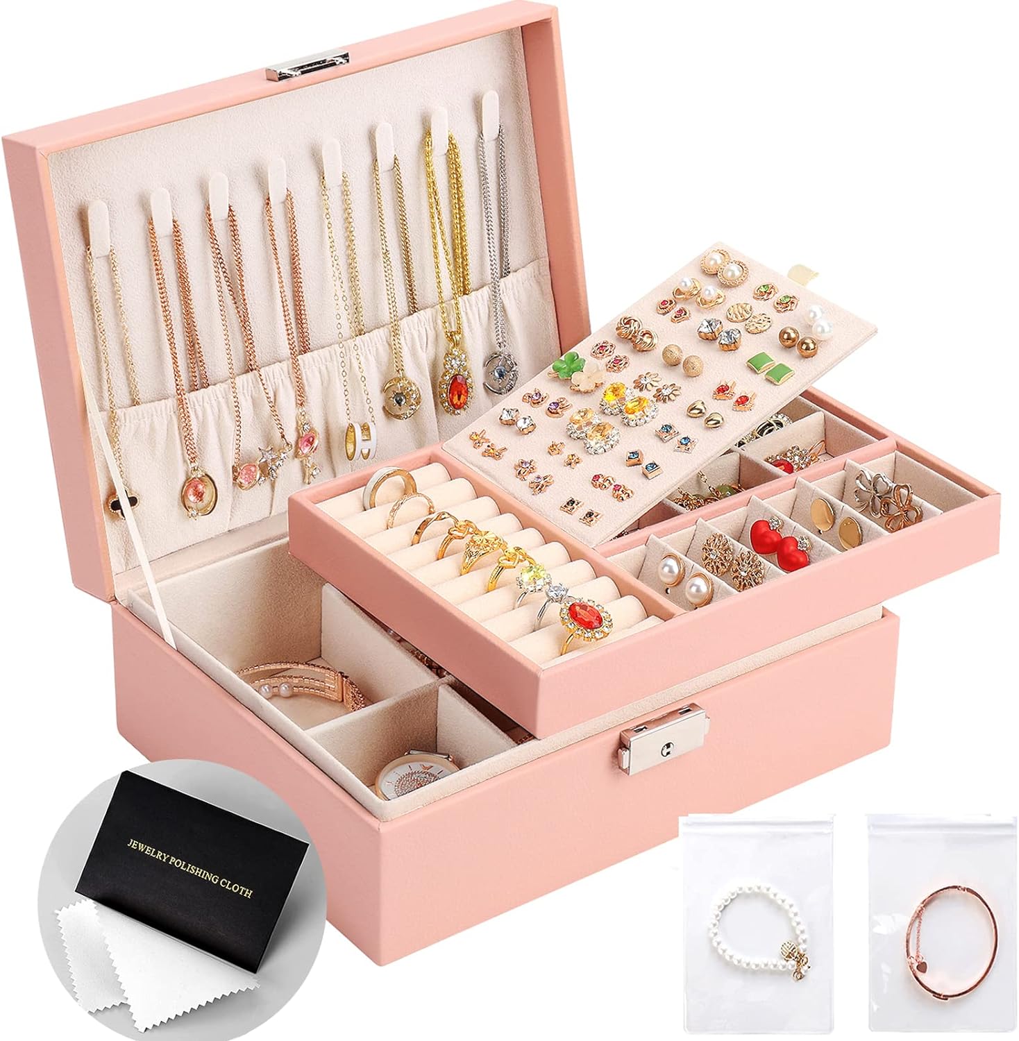 Leather Jewelry Box  Gift Earring Organizer Double Layers Jewelry Case Removable Tray for Necklace Earring Ring