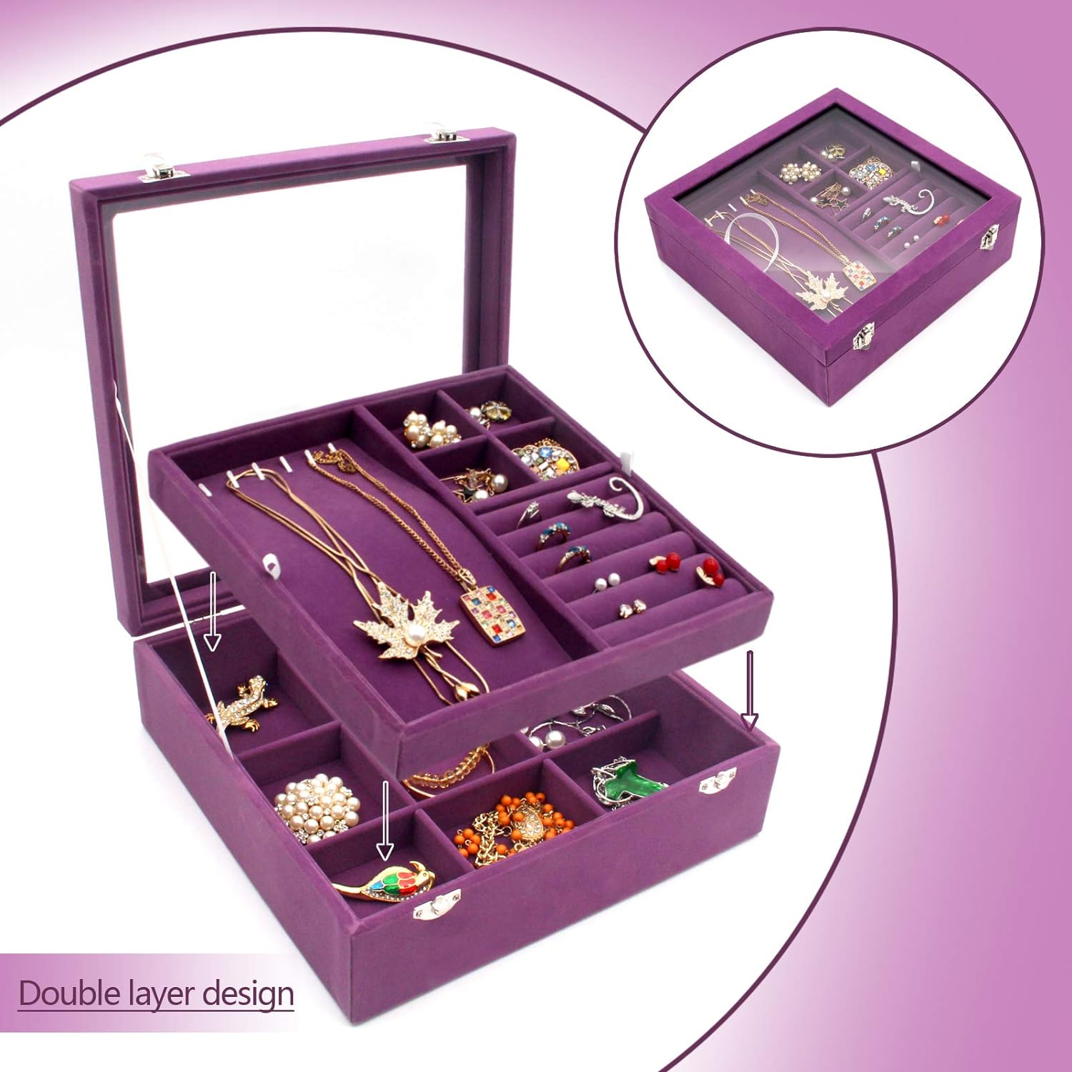 Jewelry Box with Glass Lid Two-Layer Jewelry Box Organizer Display Storage case