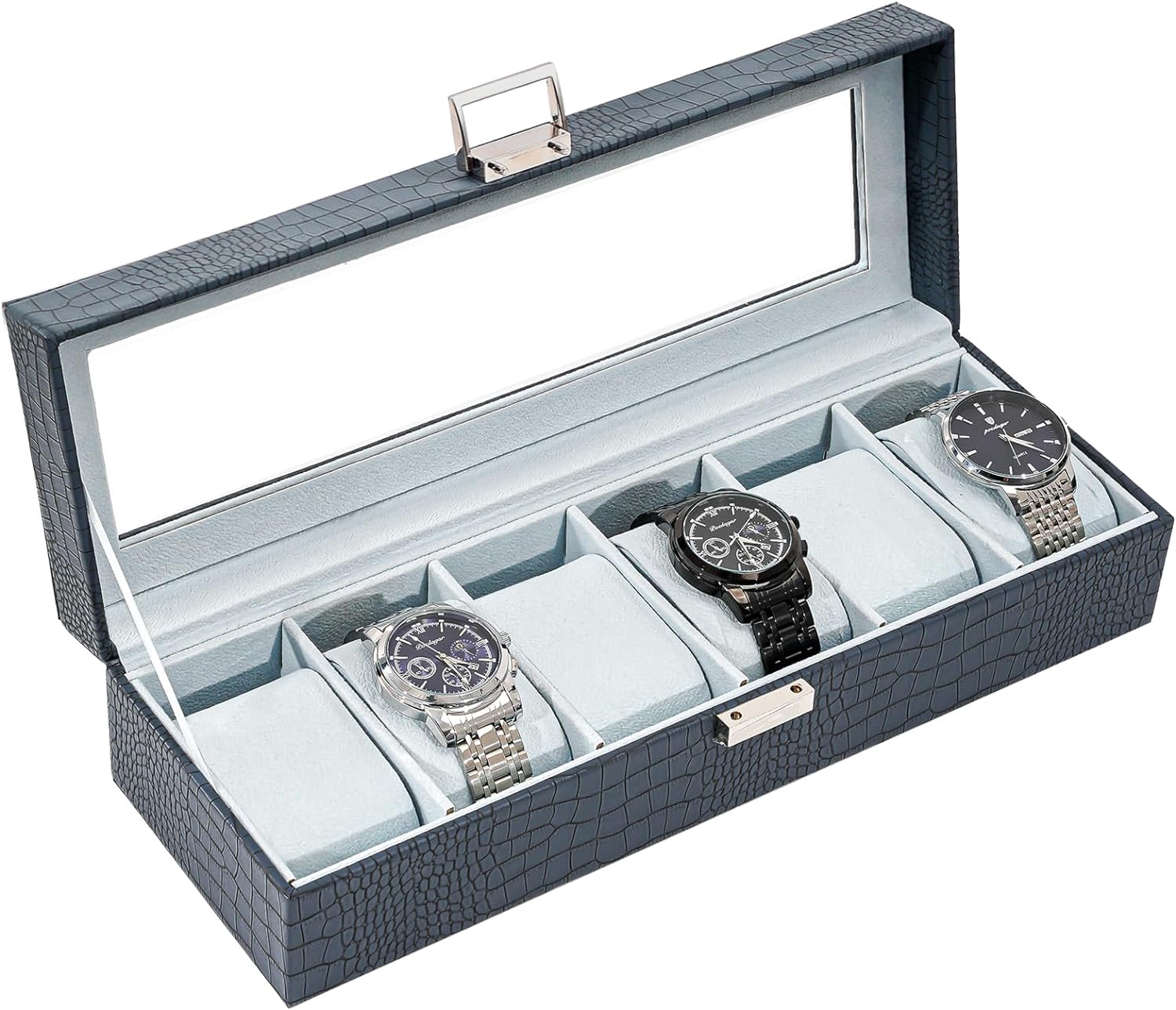 Watch Box for Men, 6 Slot Watch Display Case Mens Watch Box Organizer, PU Leather Watch Cases for Men Watch Storage, Valentines Gift Watch Holder Organizer with Glass Lid -6 Slot,