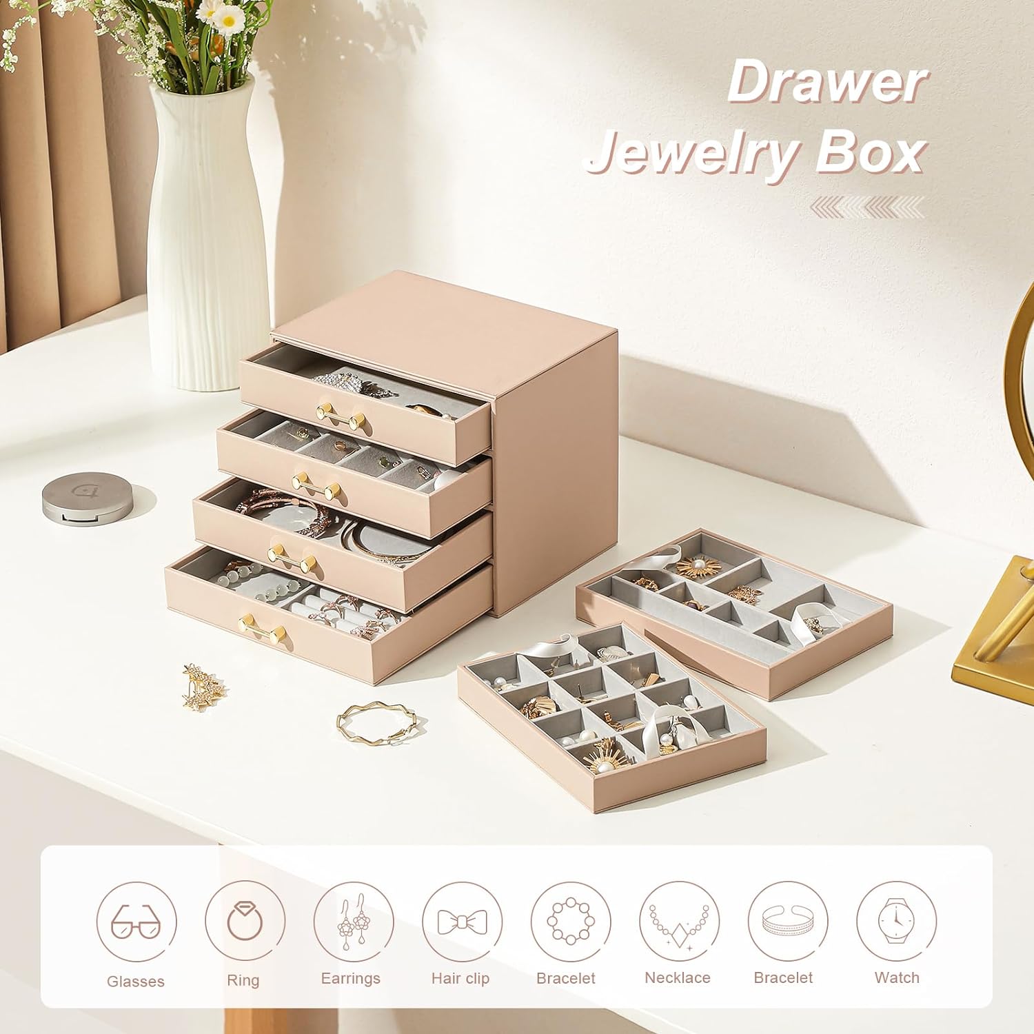 Jewelry Boxes for Women, Jewelry Holder Organizer for Christmas Gift, Jewelry Boxes & Organizers for Rings Earring Necklace Bracelet Watch